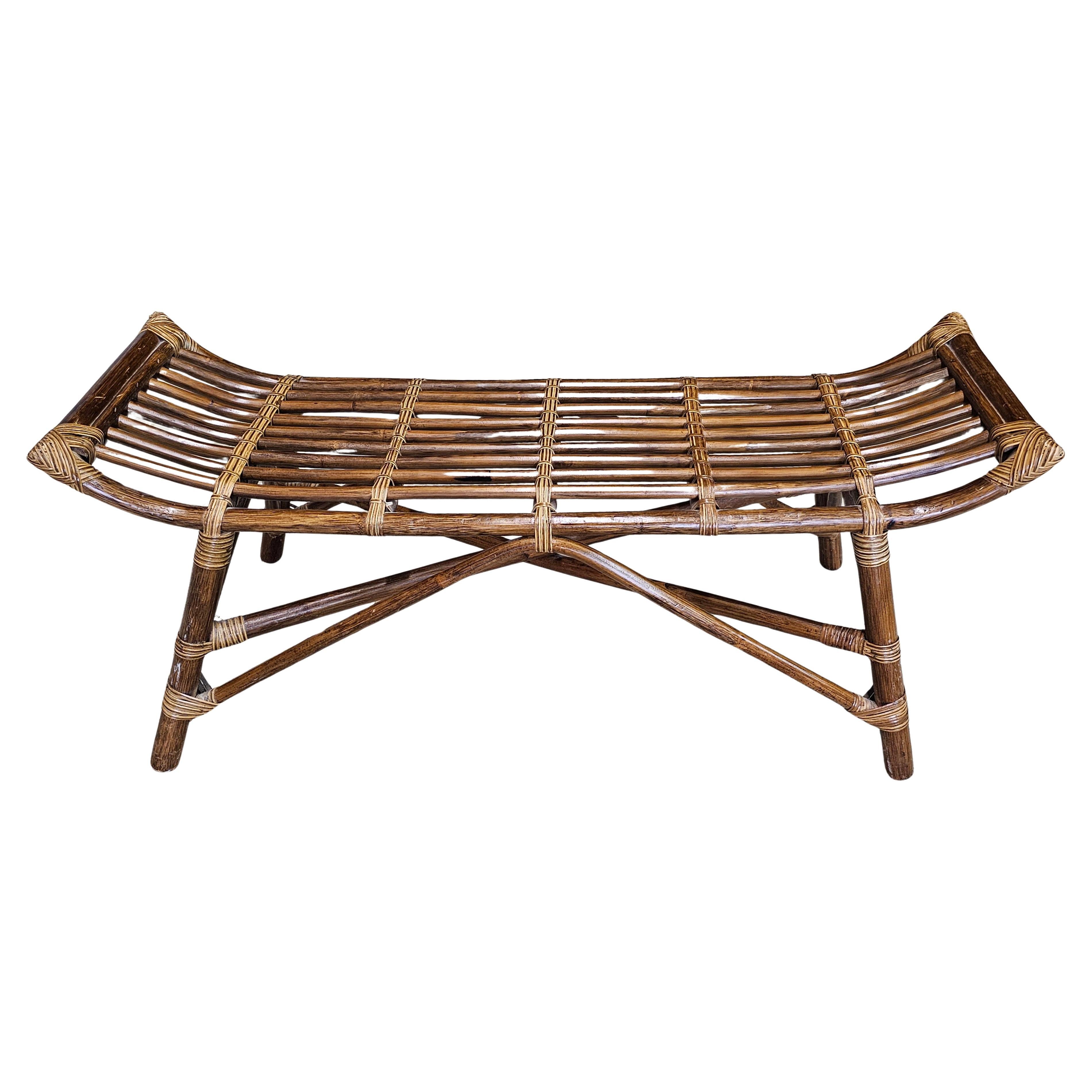 Mid-20th Century Rattan Bohemian French Riviera Style Bench