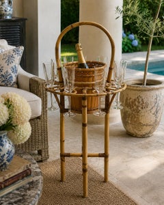 Mid-20th Century Rattan Champagne Butler Stand with Removable Bucket