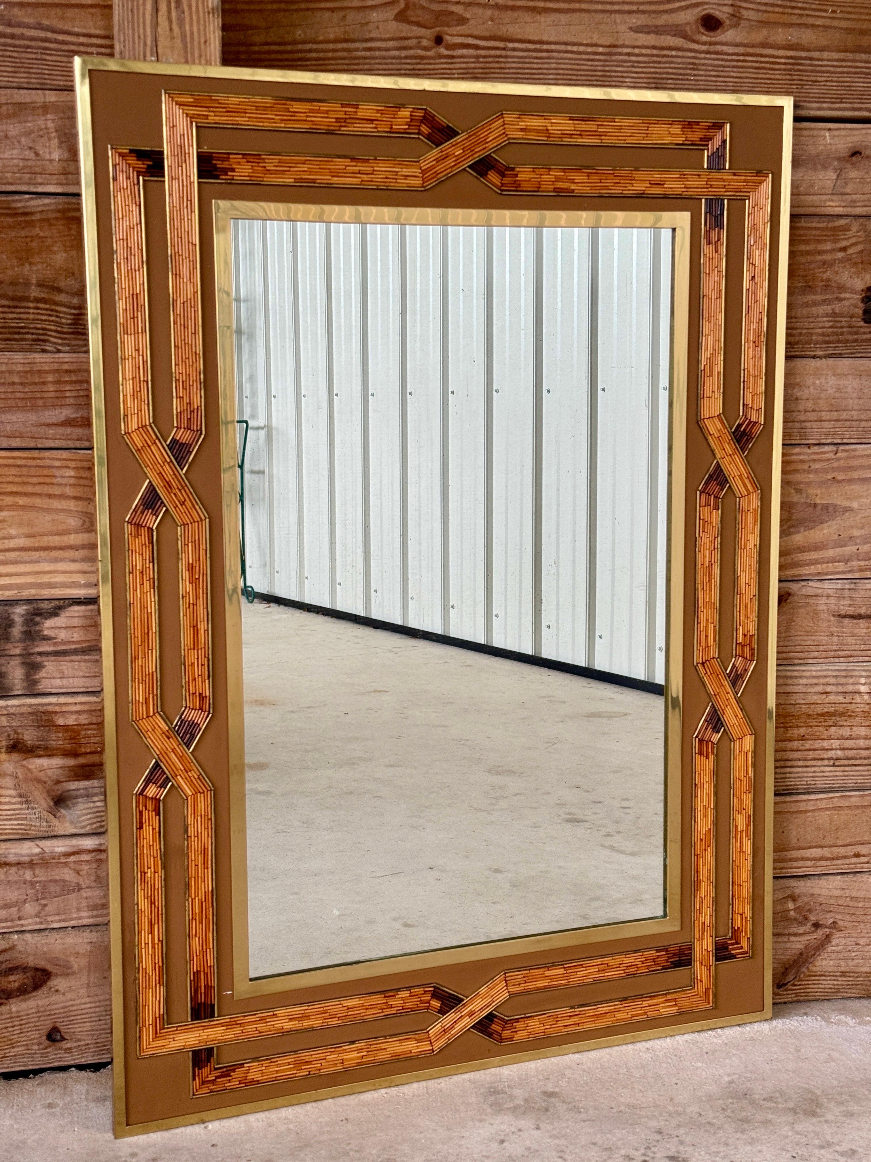 Mitte des 20. Jahrhunderts Rattan Inlay Messing gerahmt Wandspiegel im Angebot 10