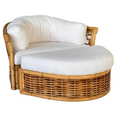 mid 20th Century Rattan Lounge Chair and Ottoman Custom Upholstered Sunbrella