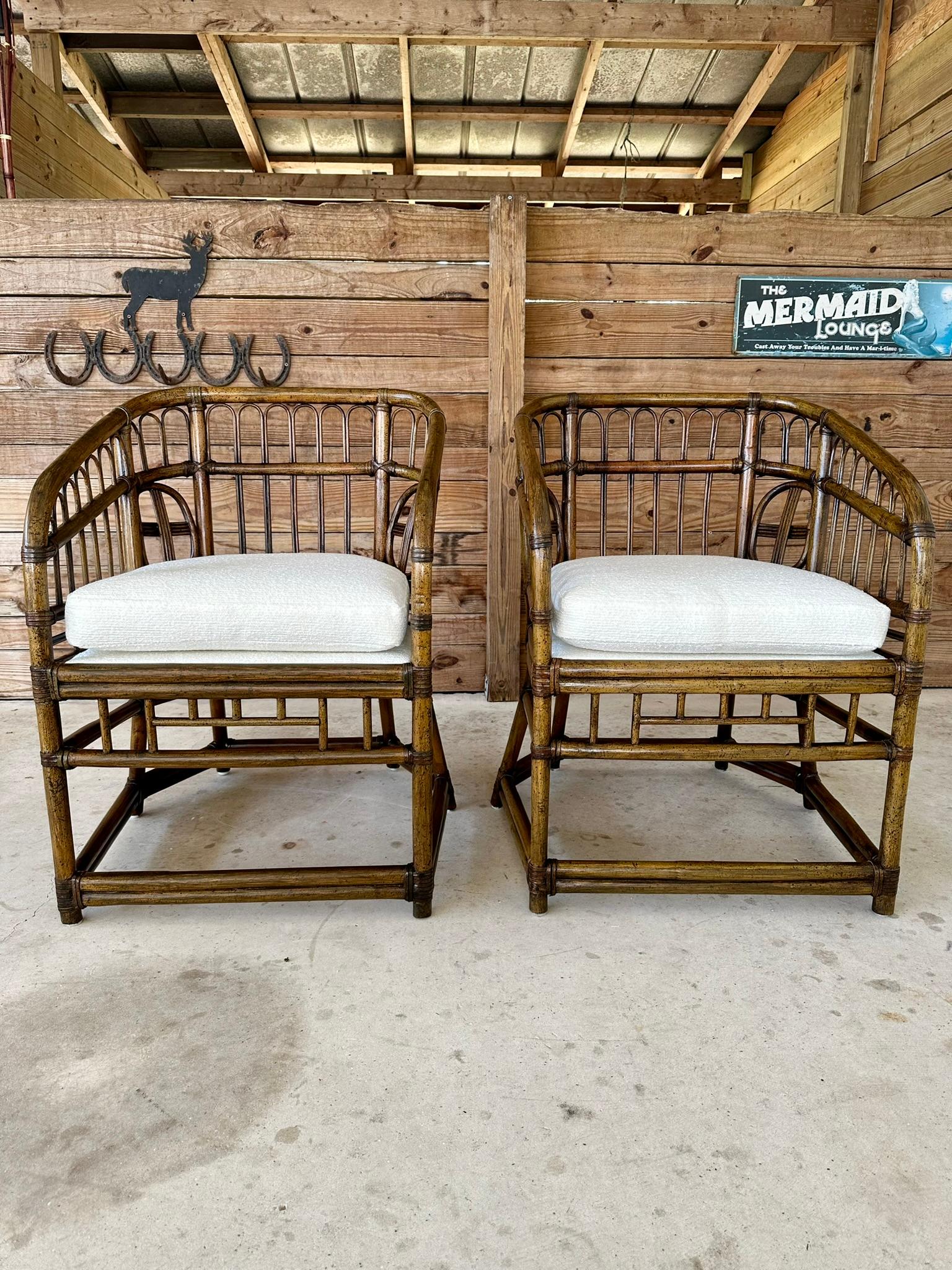 Mid-20th Century Rattan Tub Side Chairs by Lewittes- Pair New Uphol/refinished For Sale 6