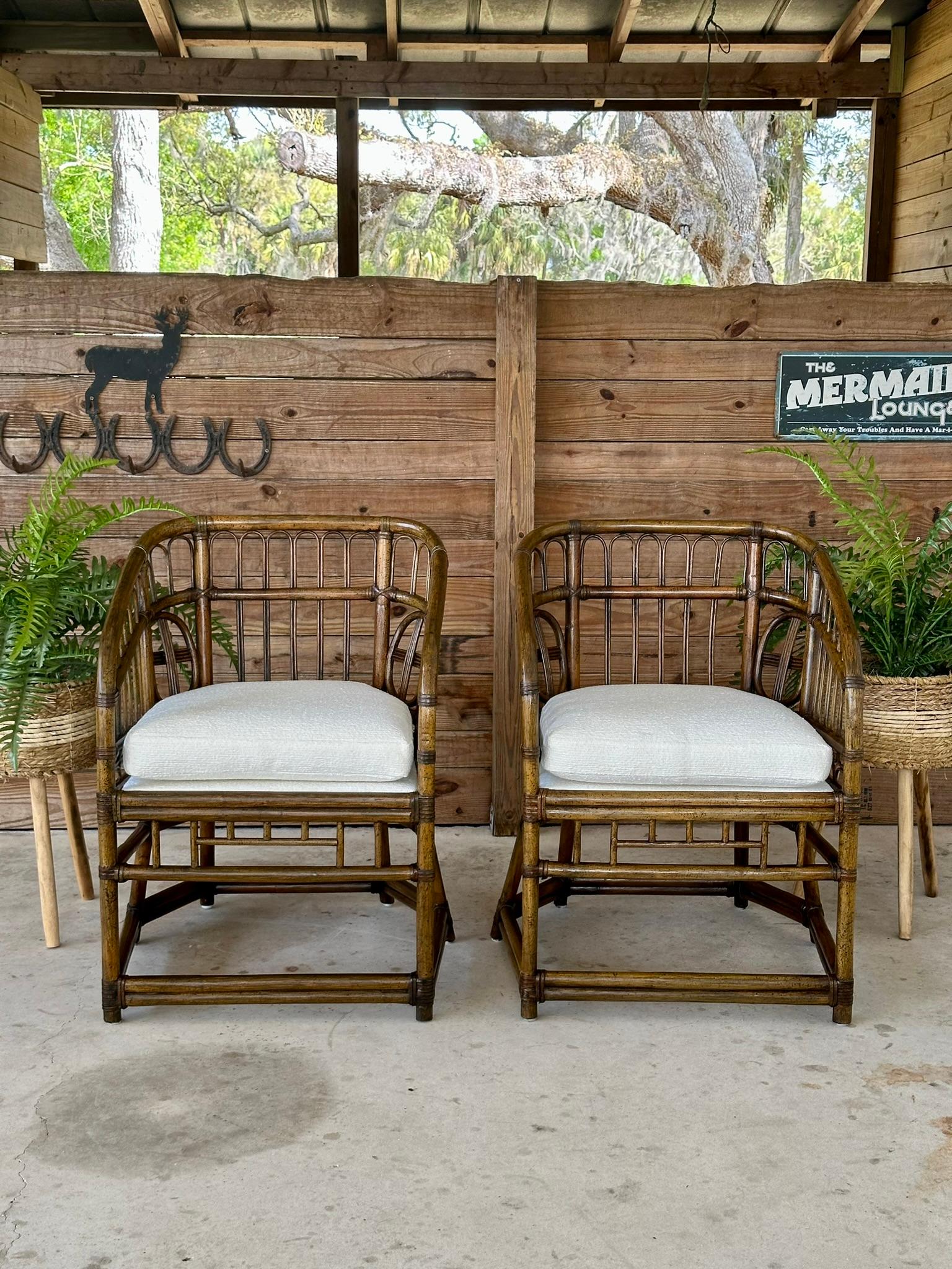 Mid-20th Century Rattan Tub Side Chairs by Lewittes- Pair New Uphol/refinished For Sale 7
