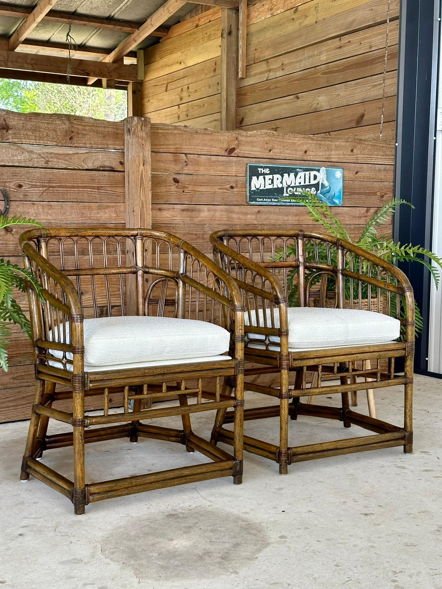 Mid-20th Century Rattan Tub Side Chairs by Lewittes- Pair New Uphol/refinished For Sale 9