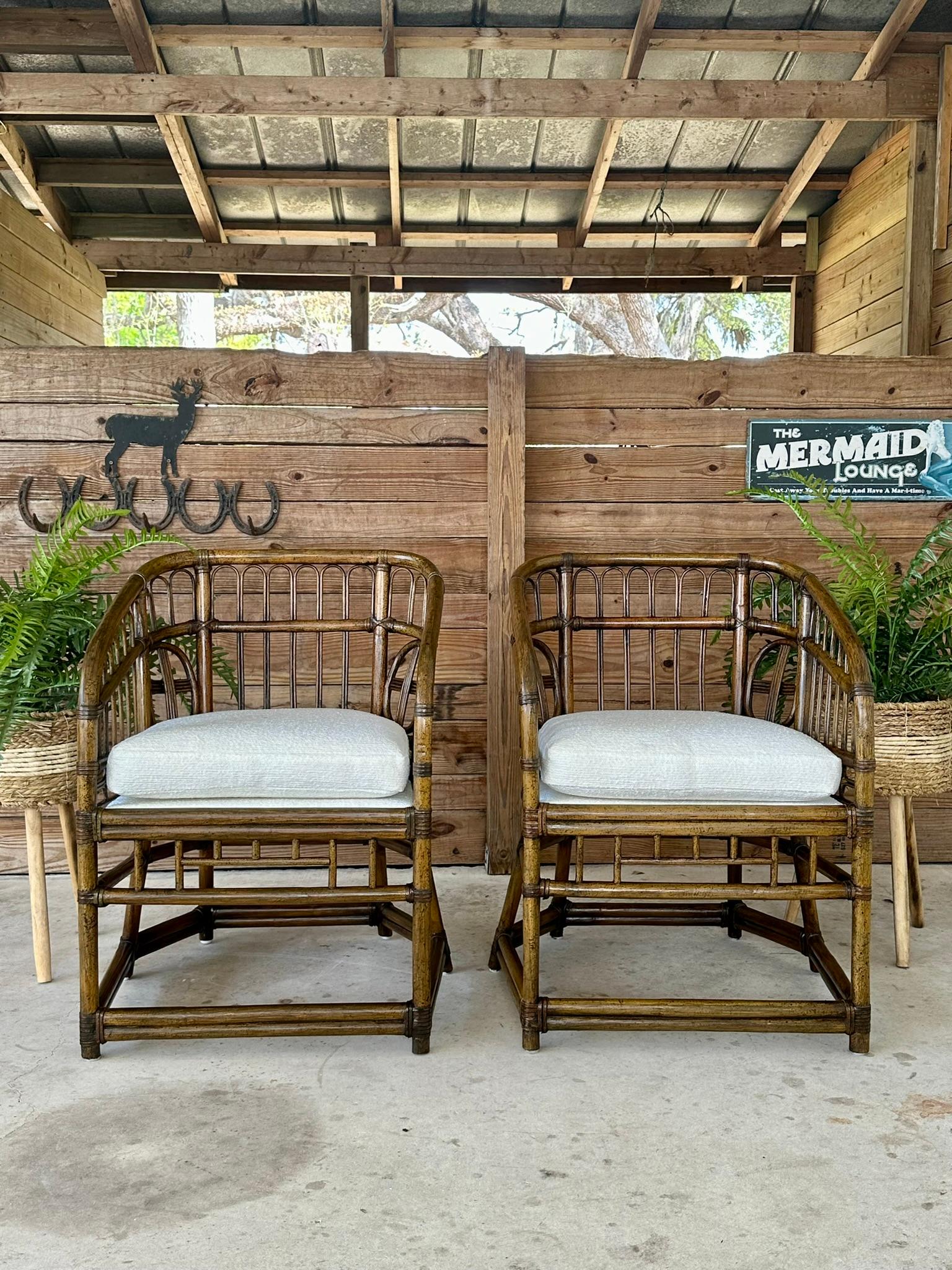 Mid-20th Century Rattan Tub Side Chairs by Lewittes- Pair New Uphol/refinished For Sale 10