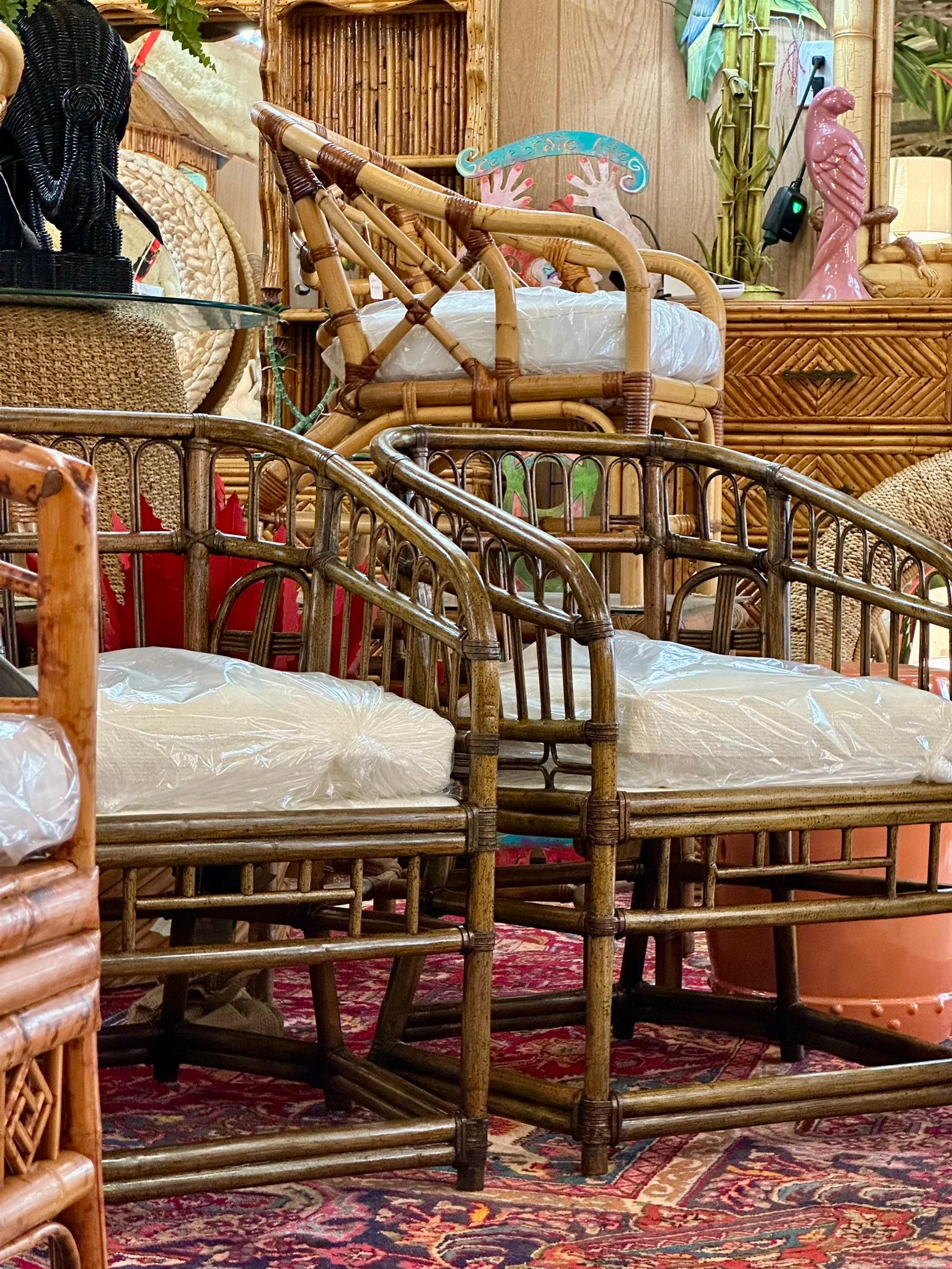 Mid-20th Century Rattan Tub Side Chairs by Lewittes- Pair New Uphol/refinished For Sale 11