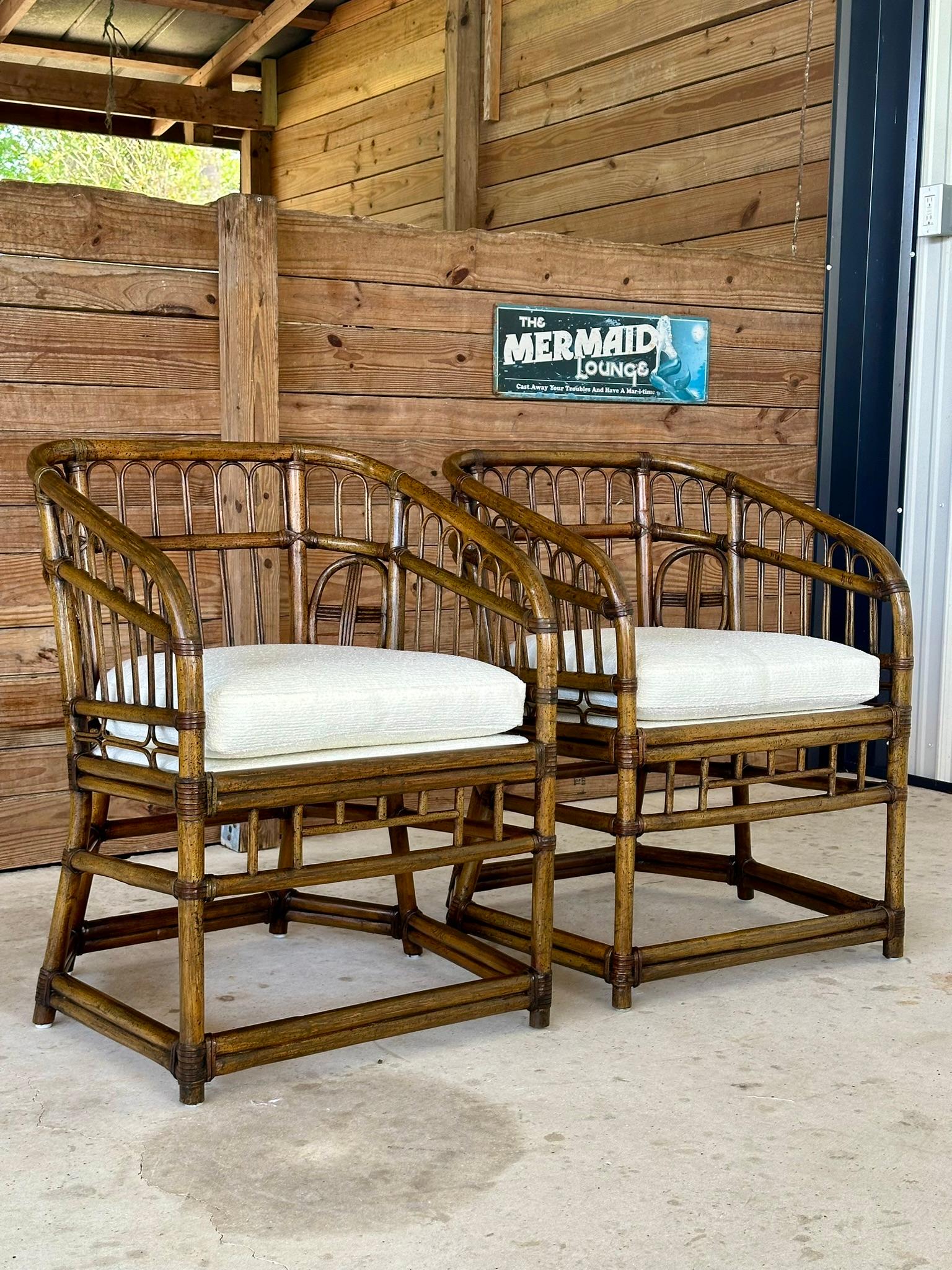 British Colonial Mid-20th Century Rattan Tub Side Chairs by Lewittes- Pair New Uphol/refinished For Sale