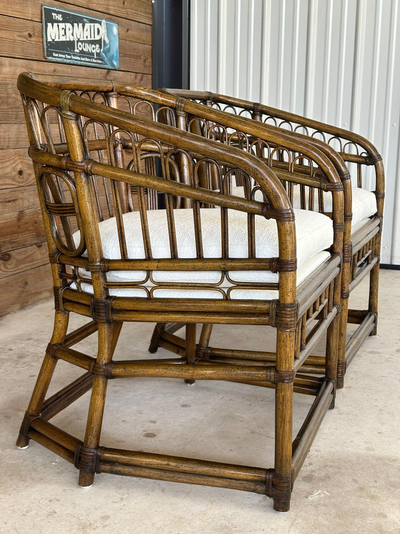 Mid-20th Century Rattan Tub Side Chairs by Lewittes- Pair New Uphol/refinished For Sale 1