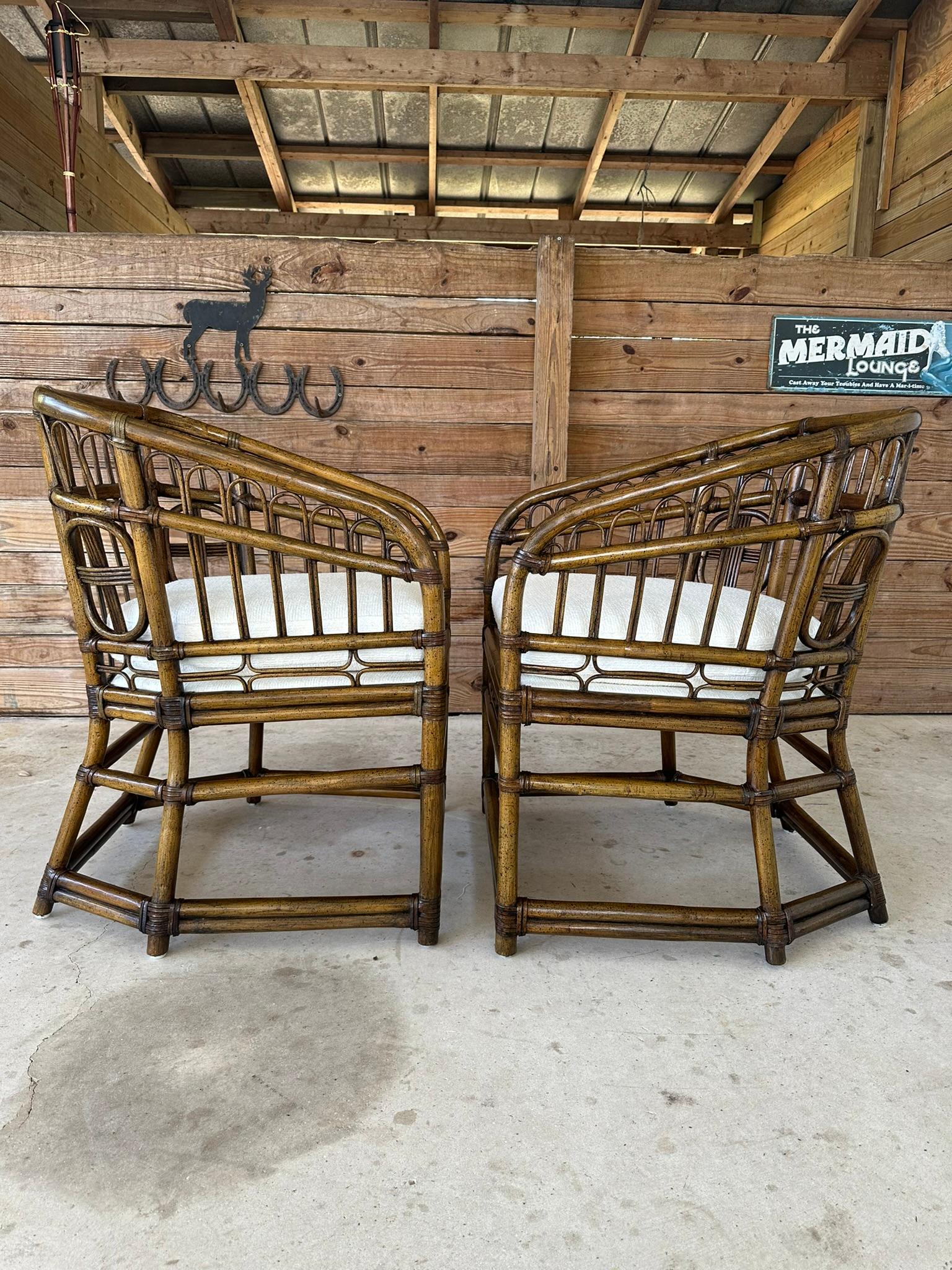 Mid-20th Century Rattan Tub Side Chairs by Lewittes- Pair New Uphol/refinished For Sale 2