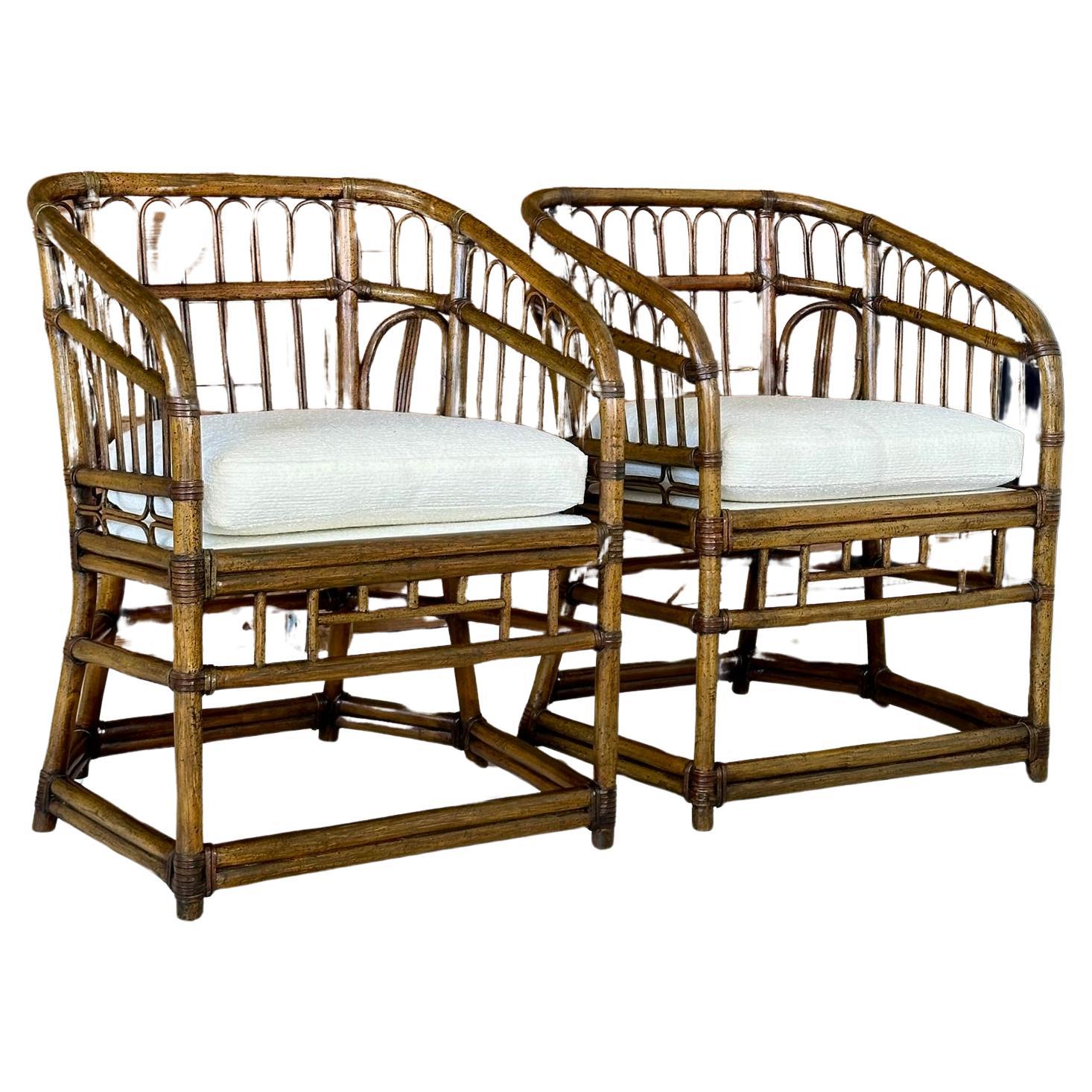 Mid-20th Century Rattan Tub Side Chairs by Lewittes- Pair New Uphol/refinished