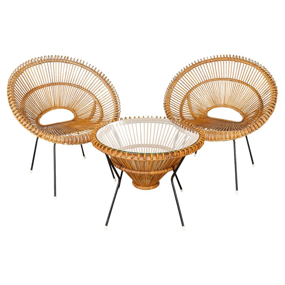 Mid-20th Century Rattan Woven Table And Chairs, By Janine Abraham, c.1960