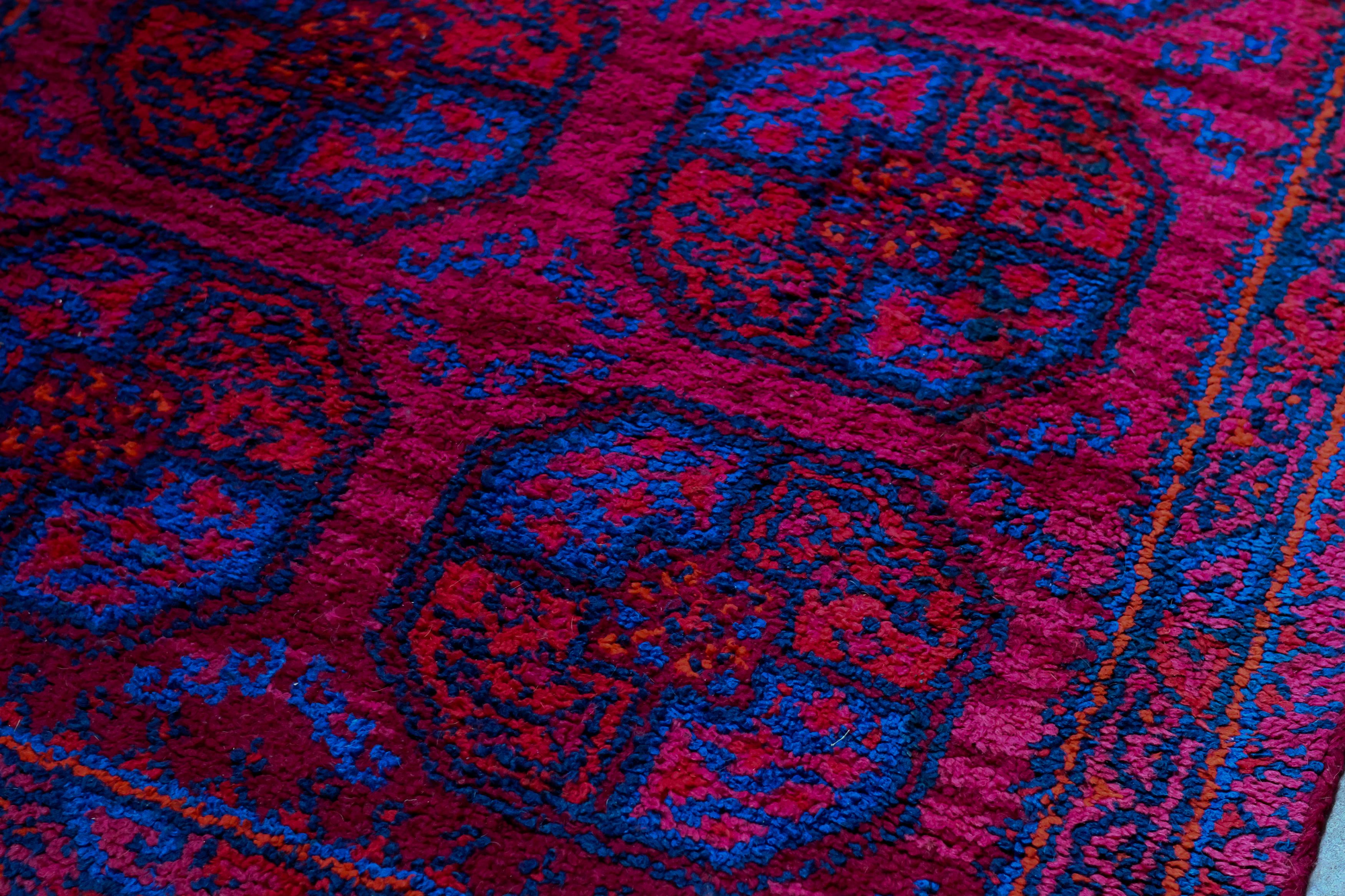 Hand-Knotted Mid 20th Century Red and Blue Handwoven Rug or Tapestry, Central Asia For Sale