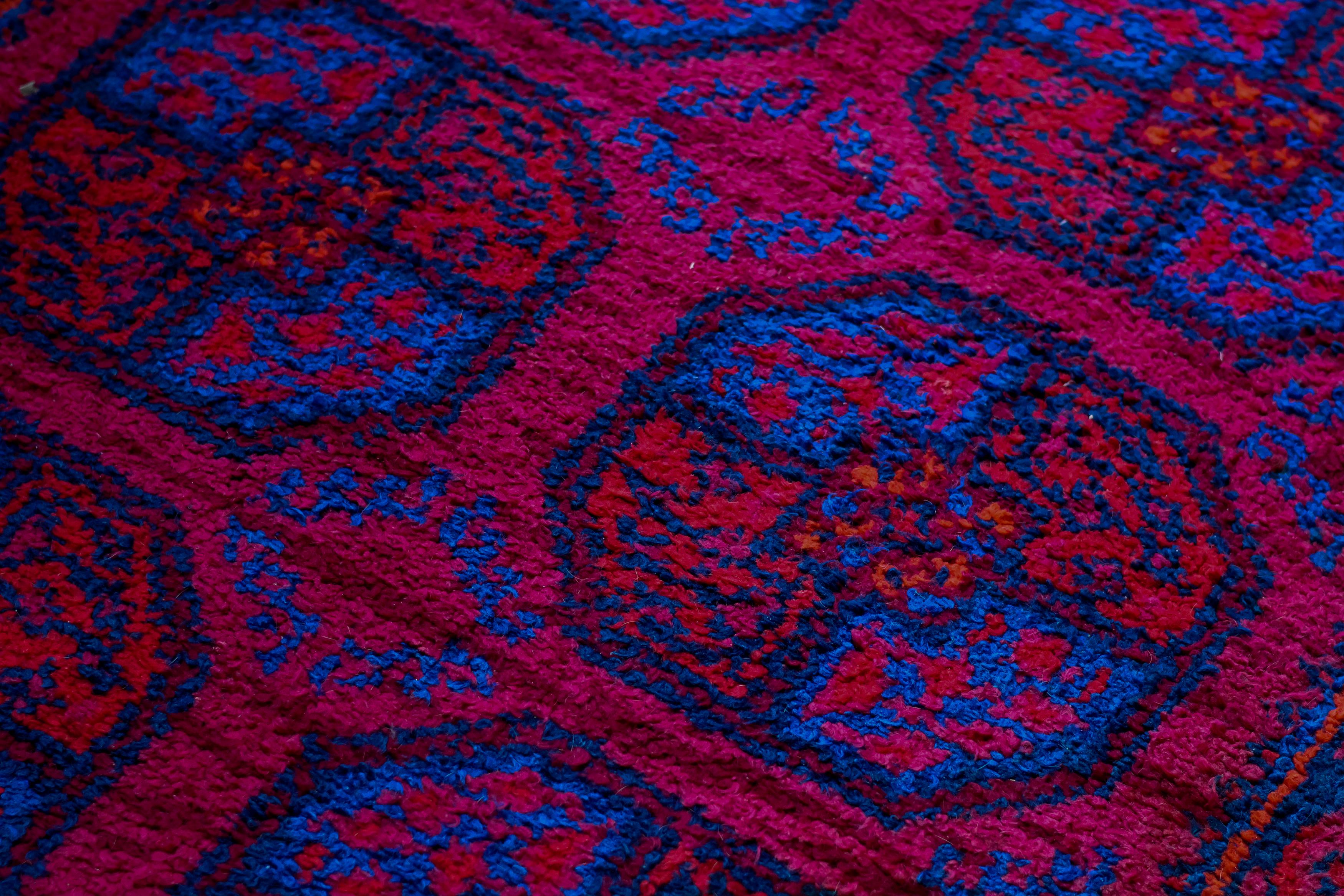 Wool Mid 20th Century Red and Blue Handwoven Rug or Tapestry, Central Asia For Sale