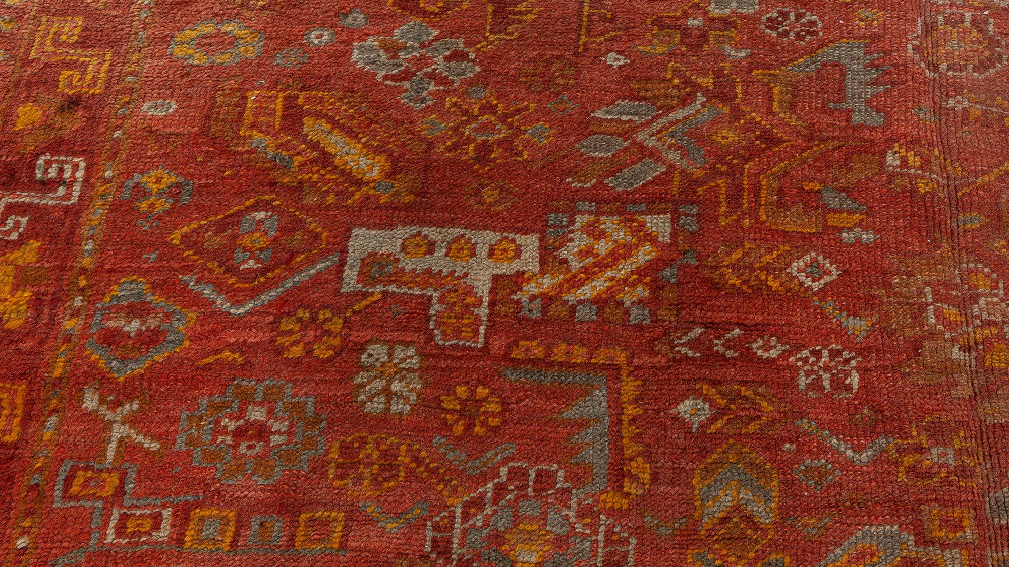 Turkish Midcentury Red and Yellow Oushak Handmade Wool Rug For Sale