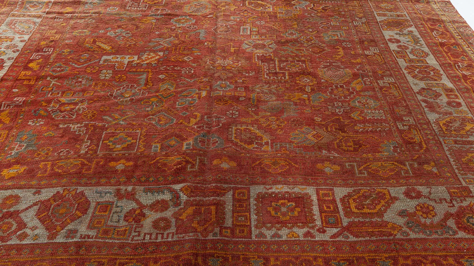 Hand-Knotted Midcentury Red and Yellow Oushak Handmade Wool Rug For Sale