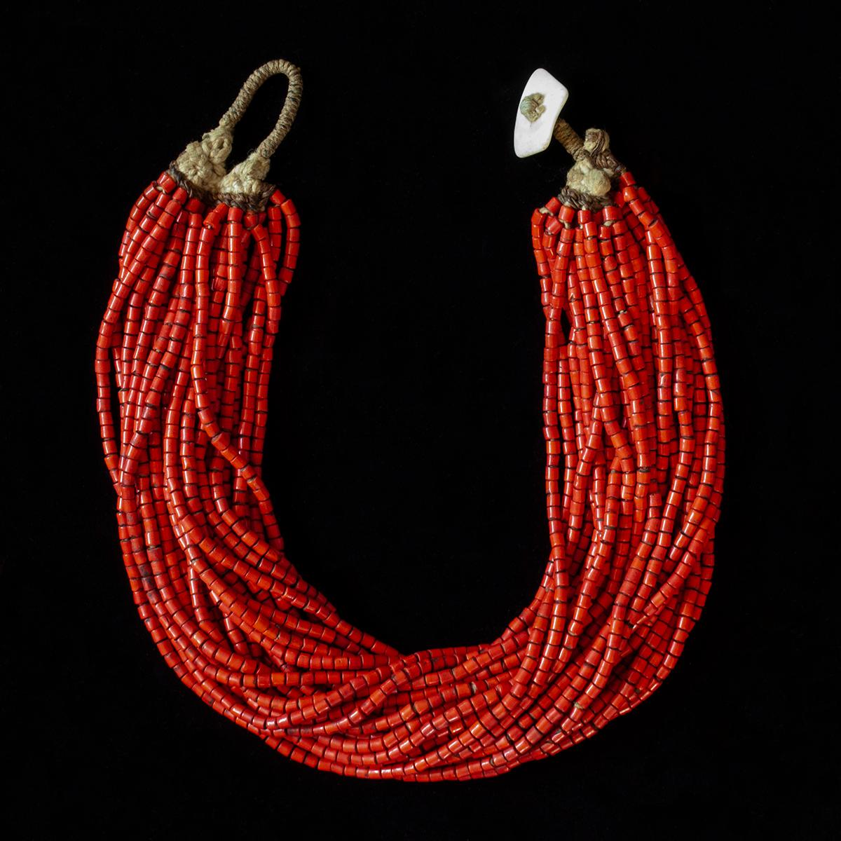 Indian Mid-20th Century Red Glass Beaded Multi-Strand Necklace, Naga, India