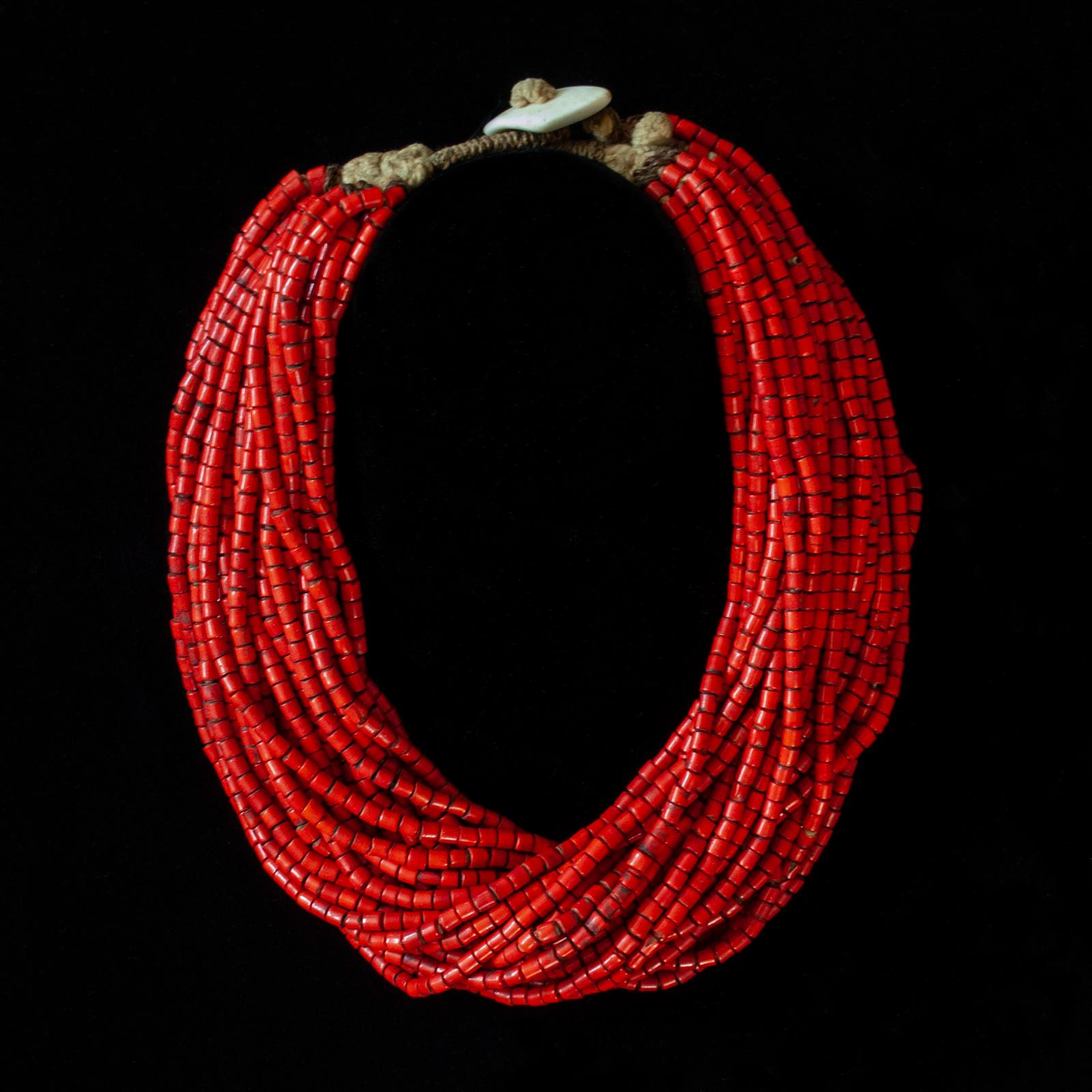 Hand-Crafted Mid-20th Century Red Glass Beaded Multi-Strand Necklace, Naga, India