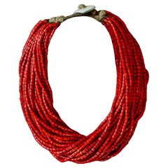Mid-20th Century Red Glass Beaded Multi-Strand Necklace, Naga, India