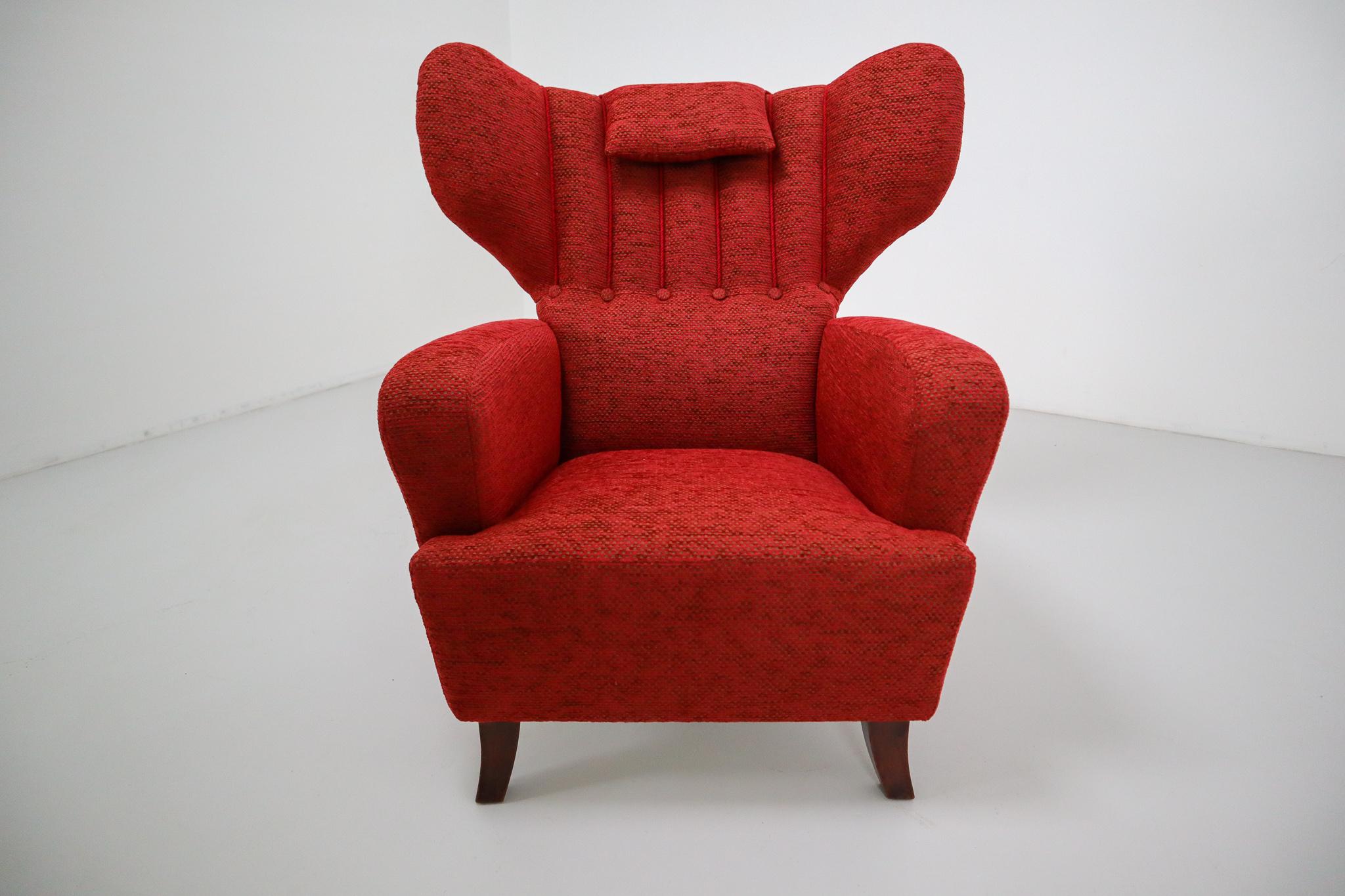 Mid-Century Modern Mid-20th Century Red Reupholstered Wingback Chair, Austria, 1930s