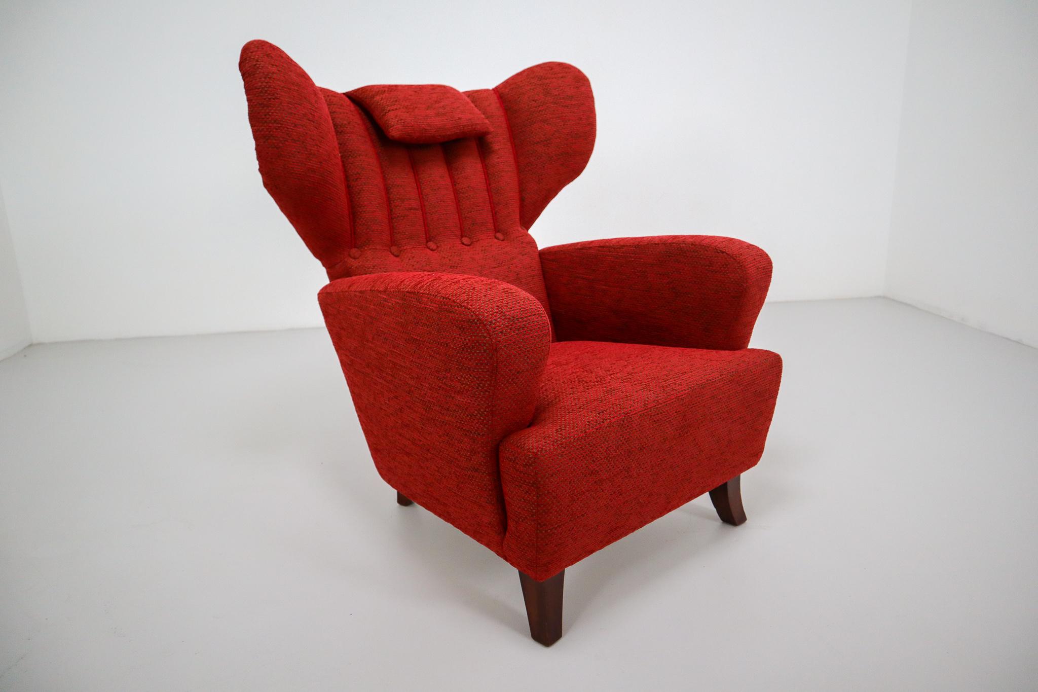 Austrian Mid-20th Century Red Reupholstered Wingback Chair, Austria, 1930s