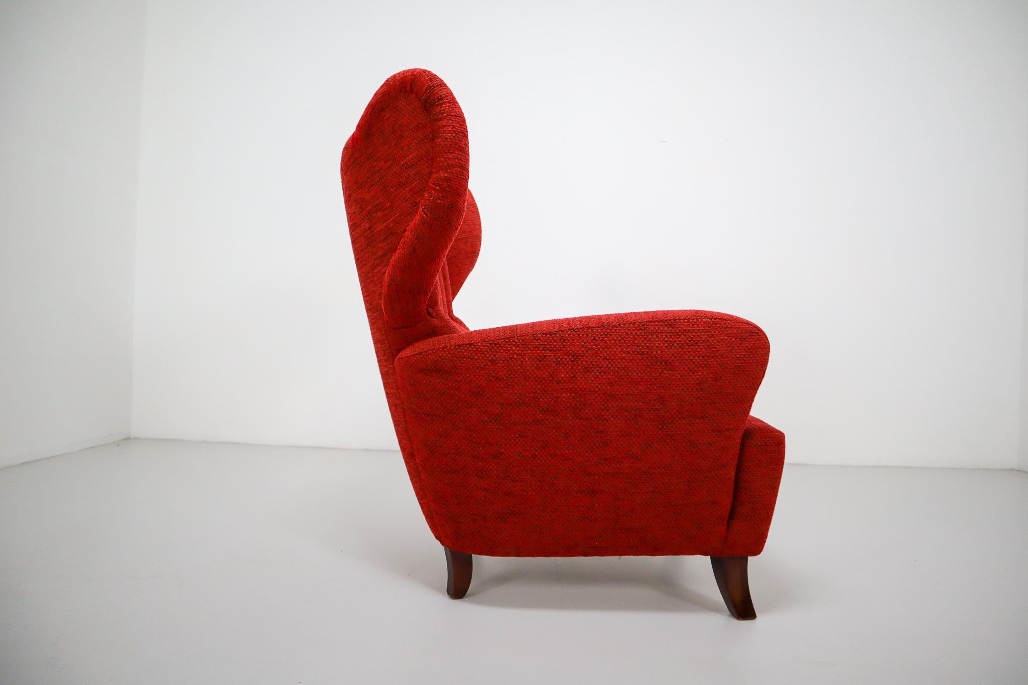 Fabric Mid-20th Century Red Reupholstered Wingback Chair, Austria, 1930s