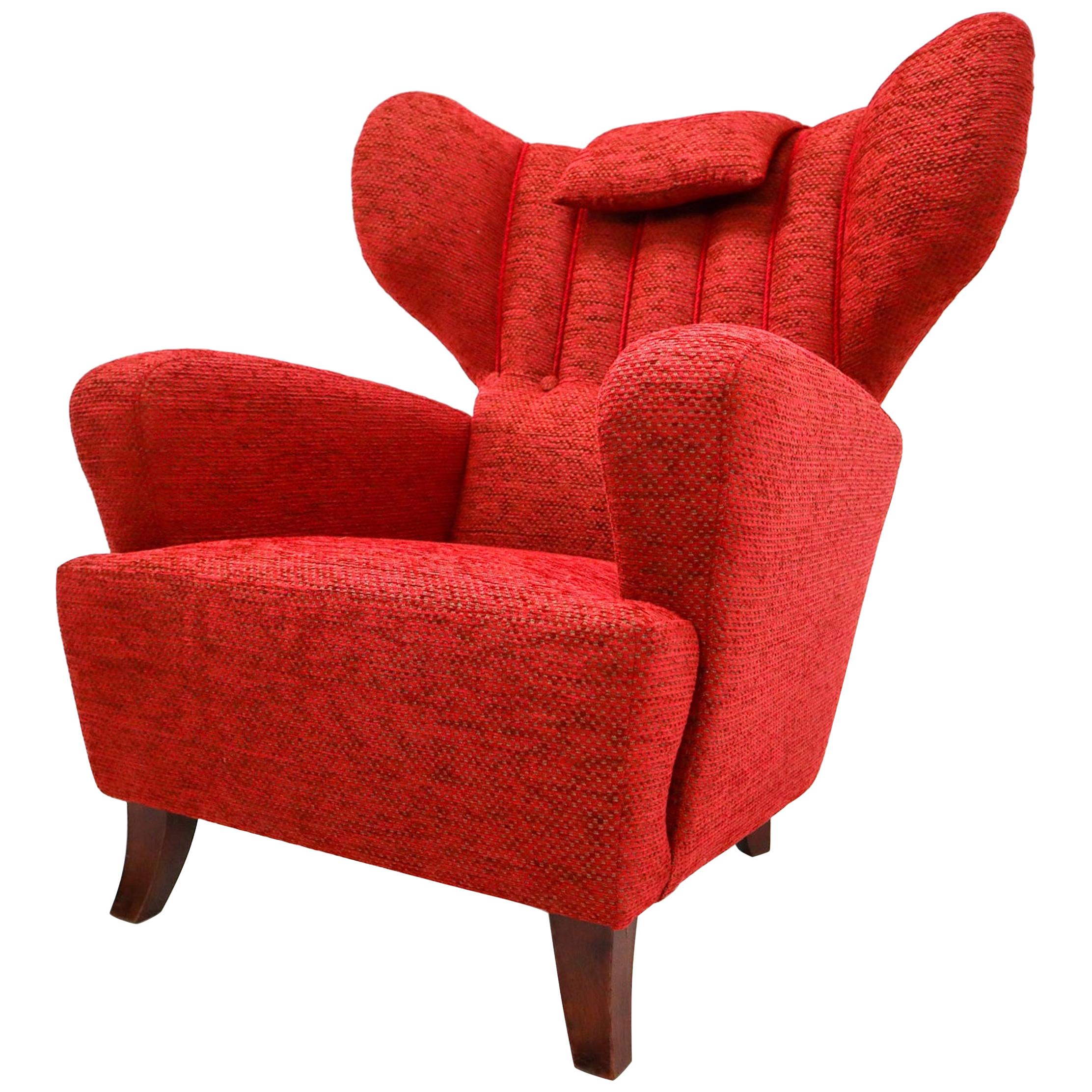 Mid 20th Century Red Reupholstered Wingback Chair Austria 1930s
