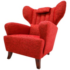 Vintage Mid-20th Century Red Reupholstered Wingback Chair, Austria, 1930s