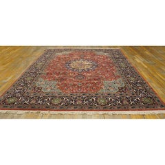 Mid 20th Century Red Rust Ground Medallion Antique Tabriz Handknotted Wool Rug