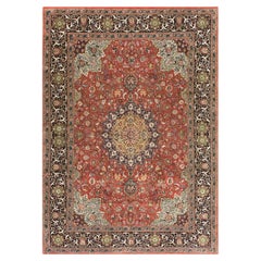 Mid 20th Century Red Rust Ground Medallion Antique Tabriz Handknotted Wool Rug