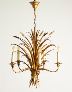 Mid 20th Century Reed Chandelier Pendant Lamp - Gilt Metal - "Coco Chanel"