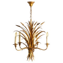 Mid 20th Century Reed Chandelier Pendant Lamp - Gilt Metal - "Coco Chanel"