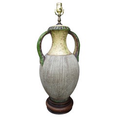 Vintage Mid-20th Century Reeded Pottery Lamp with Green Glazed Handles