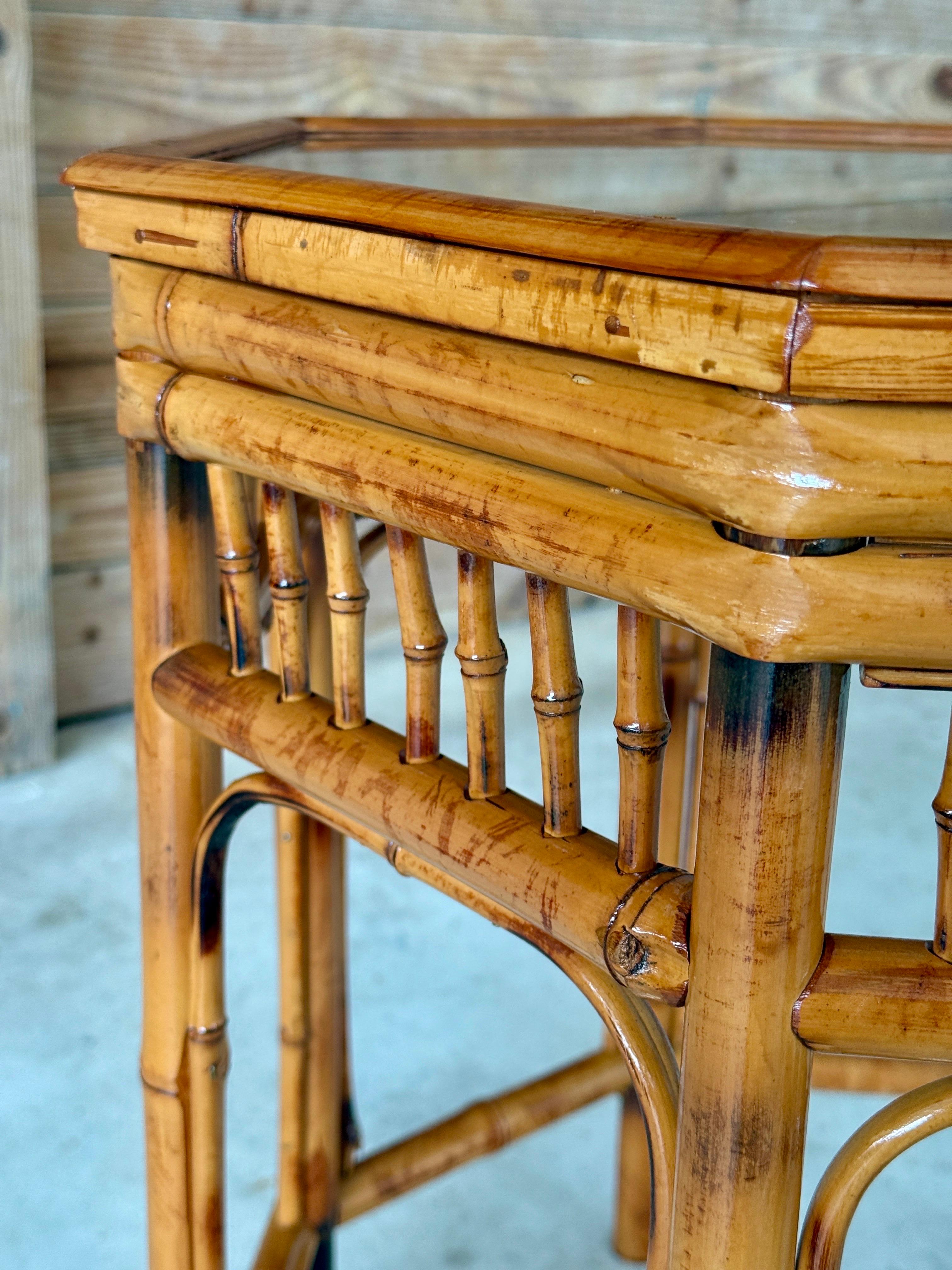 Hand-Crafted Mid-20th Century Refinished Brighton Pavilion Style Burnt Bamboo Side Table For Sale