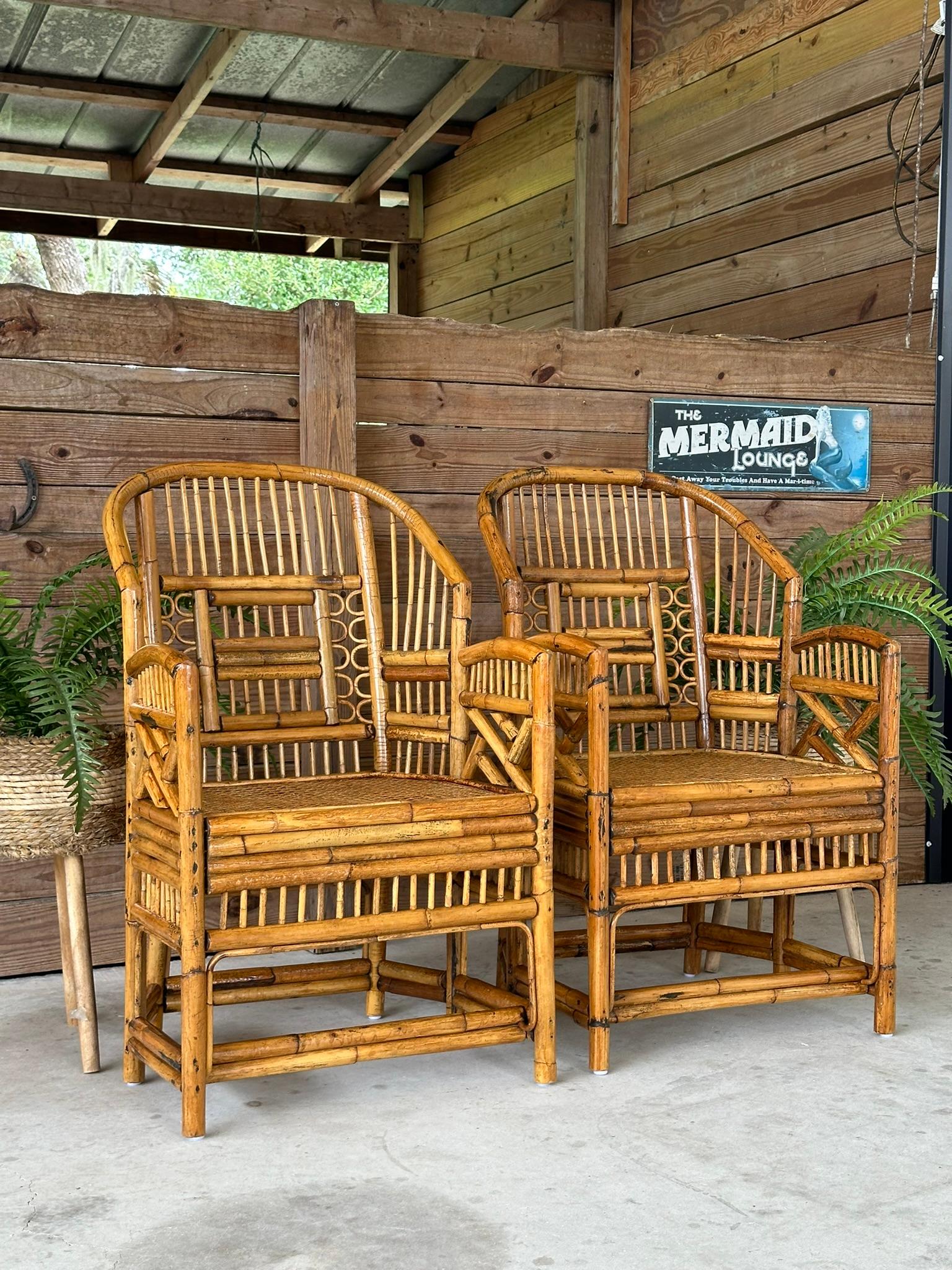 Chinese Chippendale Mid-20th Century Refinished burnt Rattan Cane Side Arm Chairs-Pair