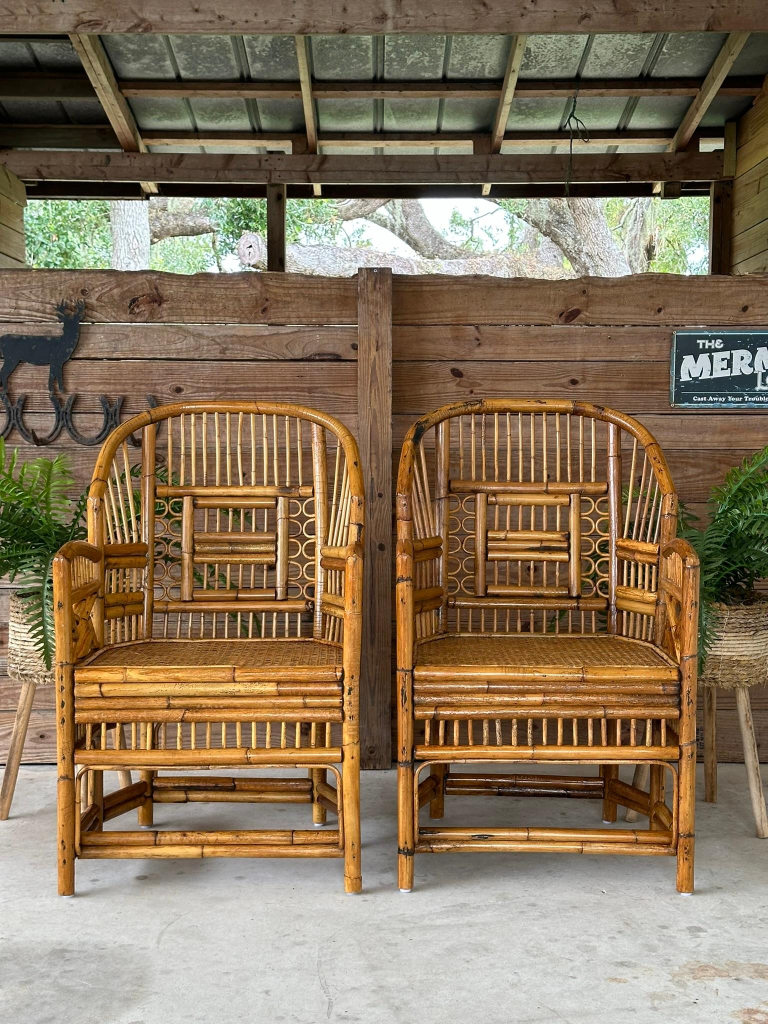 Philippine Mid-20th Century Refinished burnt Rattan Cane Side Arm Chairs-Pair