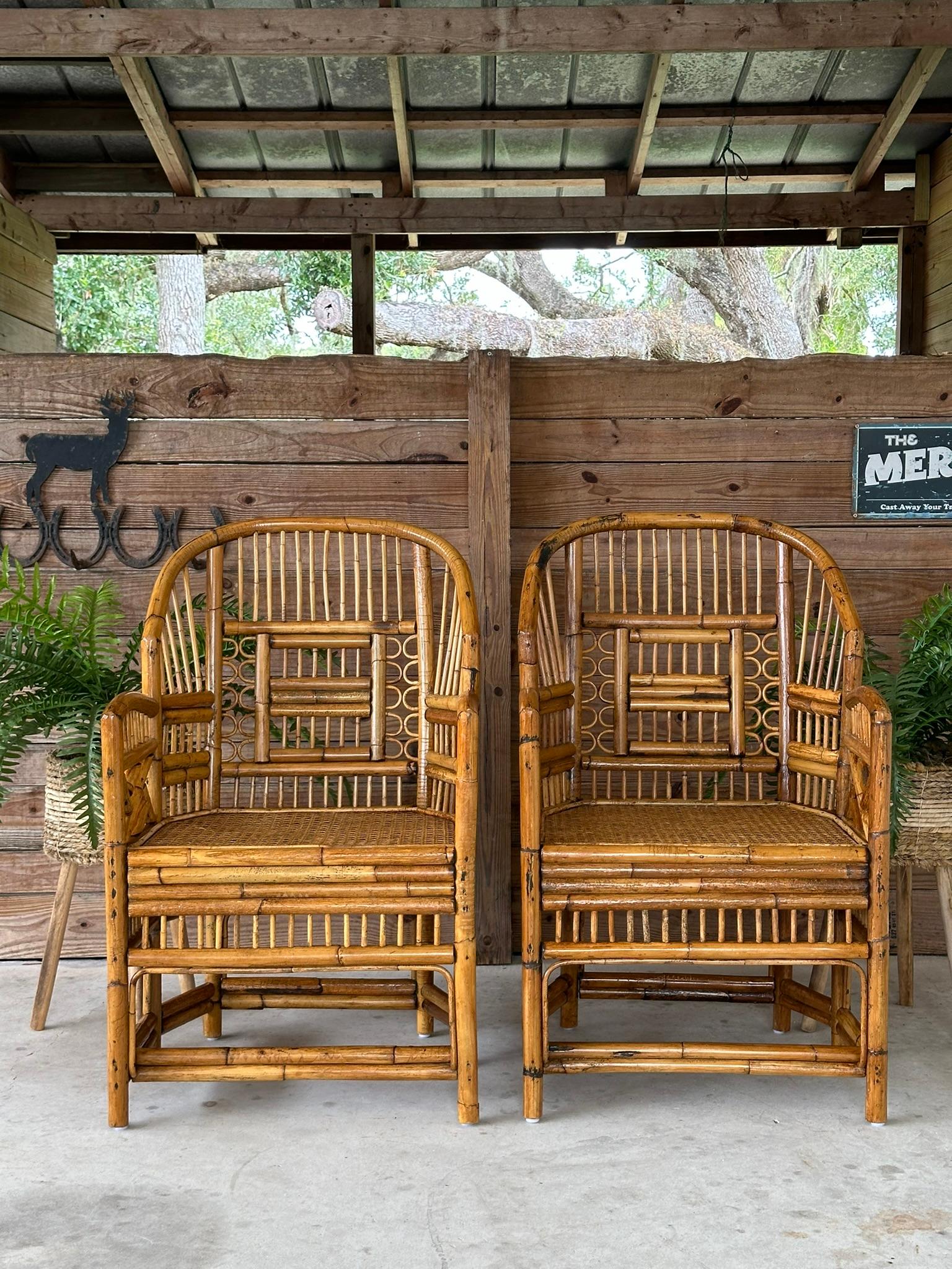 Hand-Crafted Mid-20th Century Refinished burnt Rattan Cane Side Arm Chairs-Pair