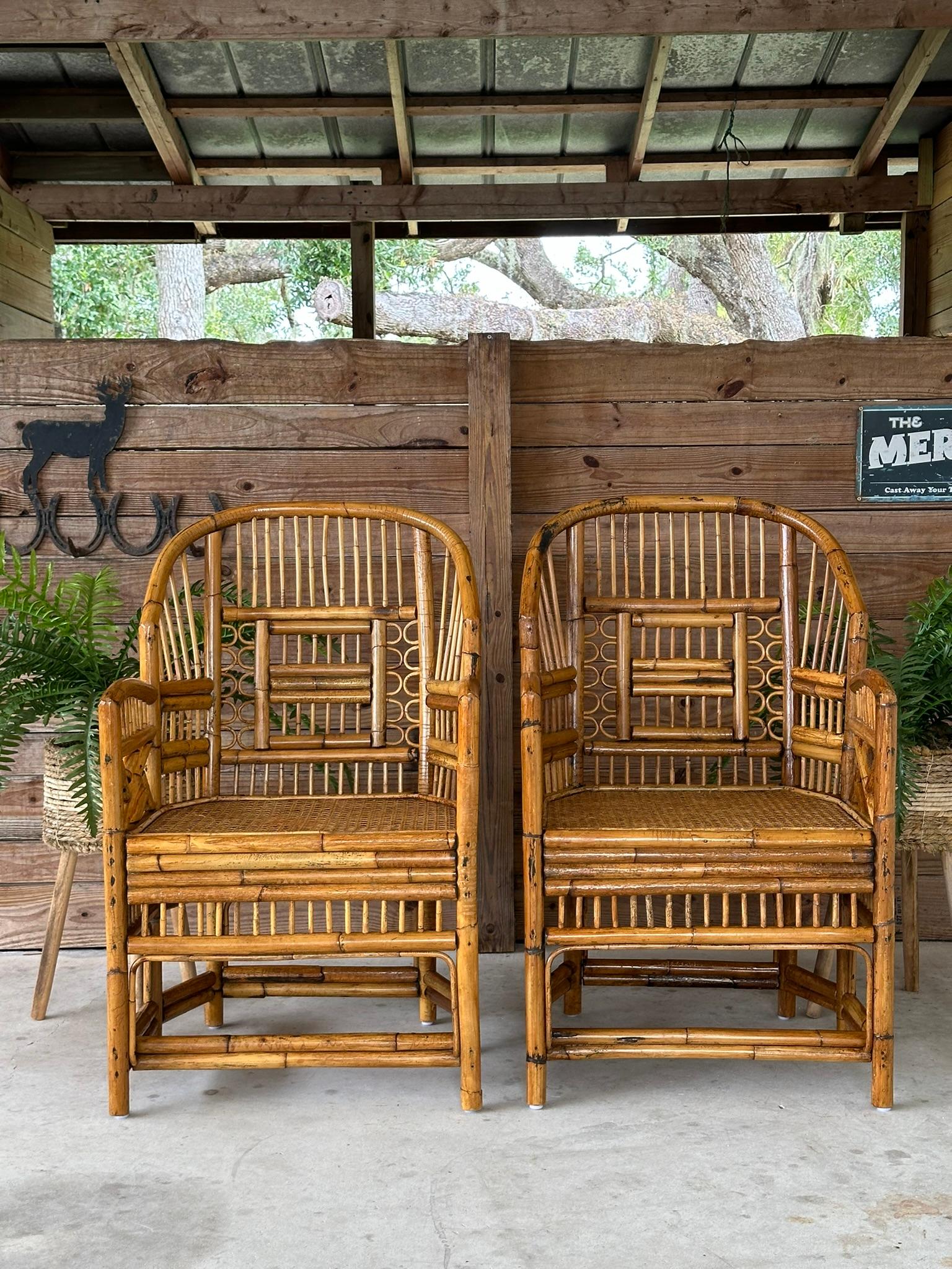 Mid-20th Century Refinished burnt Rattan Cane Side Arm Chairs-Pair In Good Condition In North Fort Myers, FL