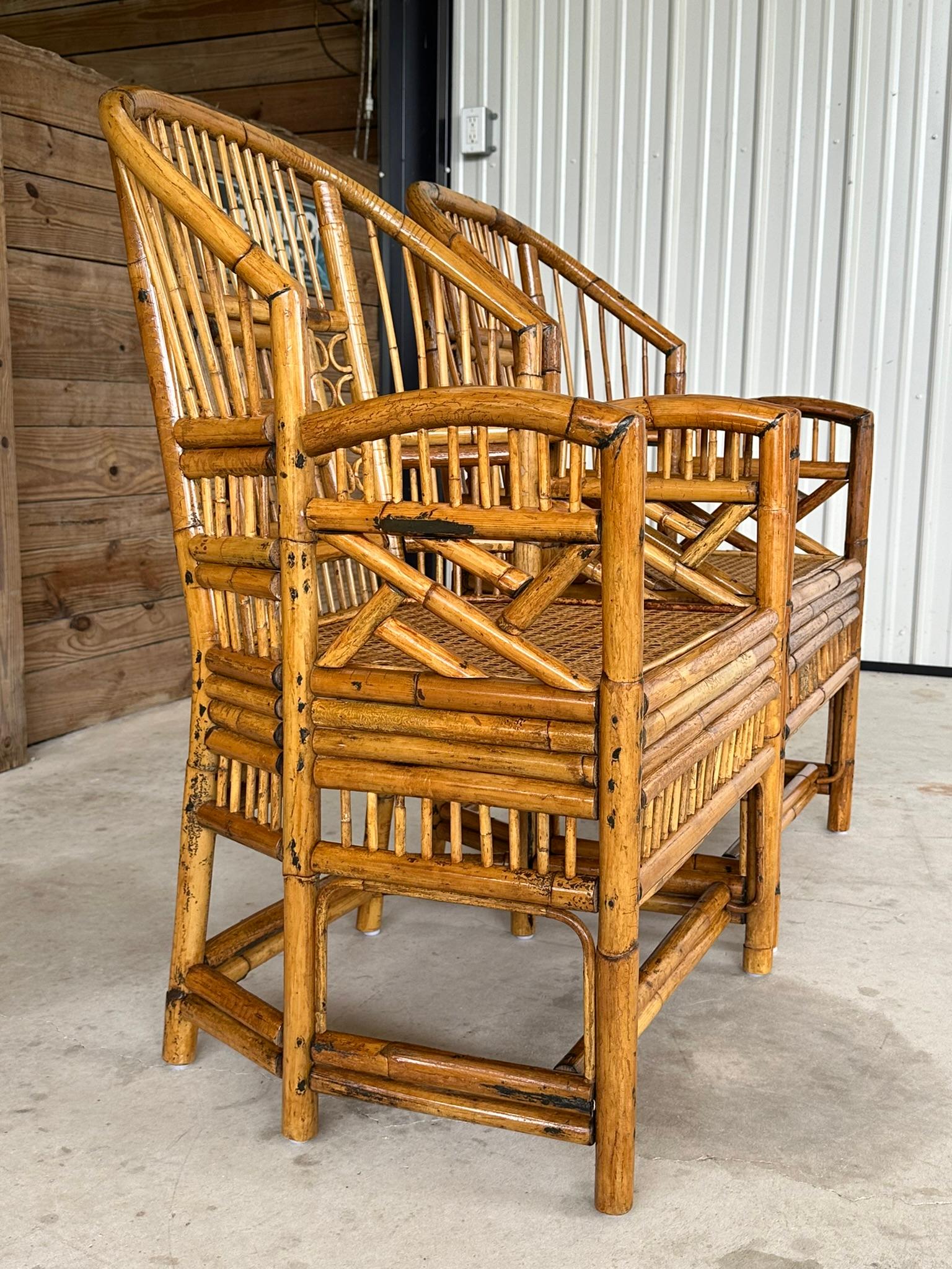 Mid-20th Century Refinished burnt Rattan Cane Side Arm Chairs-Pair 1