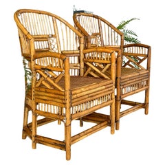 Mid-20th Century Refinished burnt Rattan Cane Side Arm Chairs-Pair