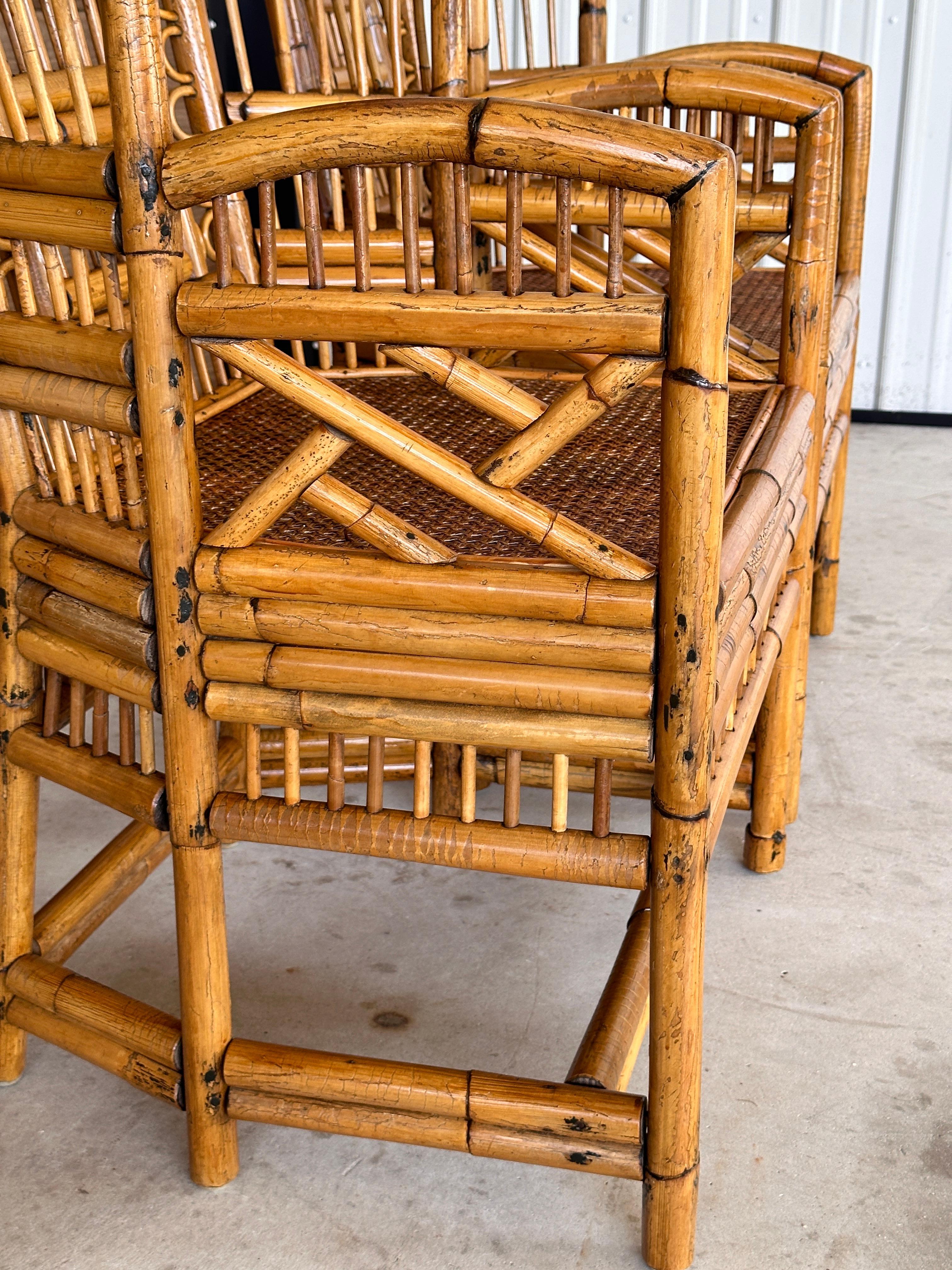 Mid 20th Century Refinished burnt Rattan Cane Side Armchairs Pair 6