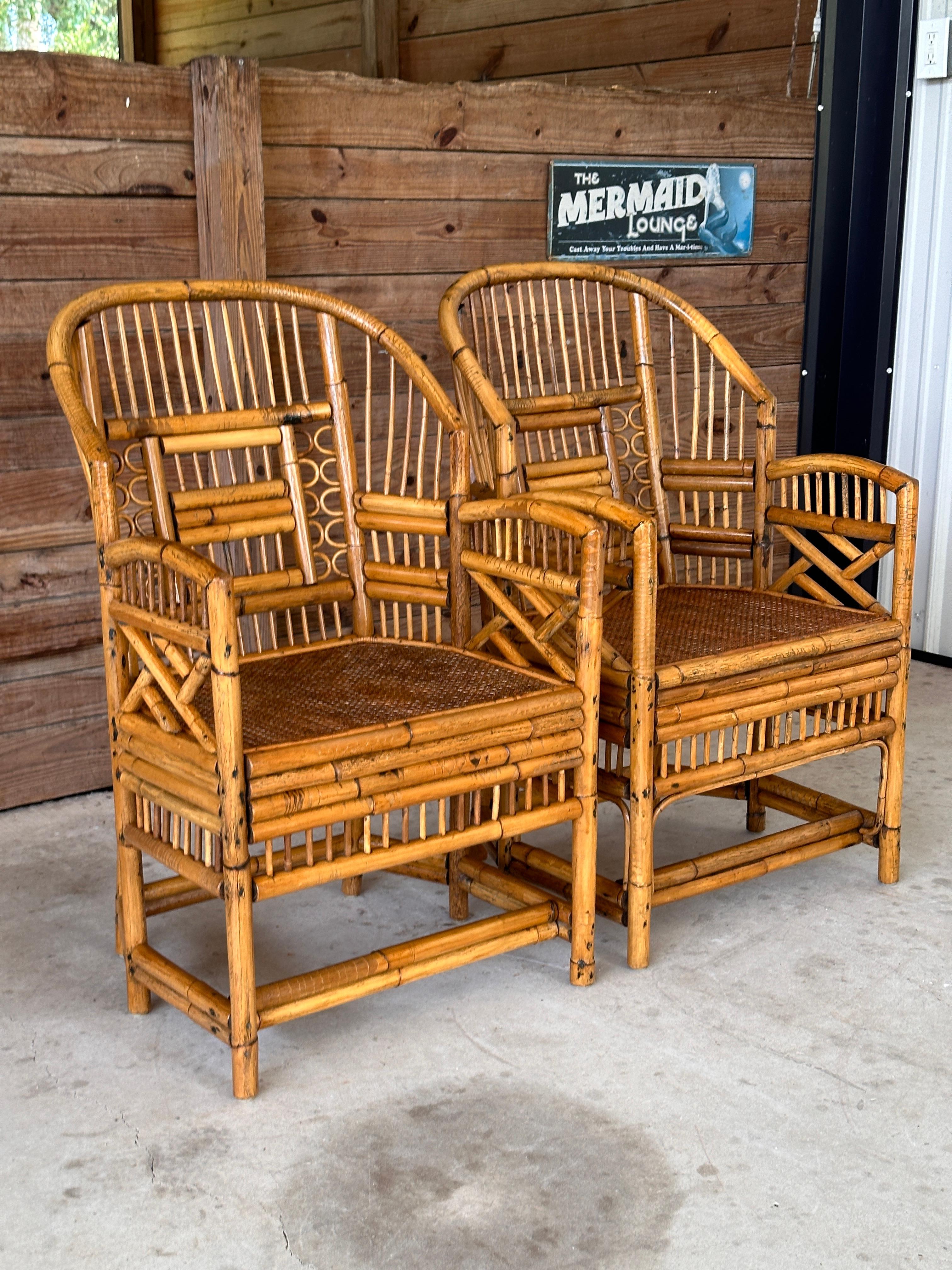 Mid 20th Century Refinished burnt Rattan Cane Side Armchairs Pair 7