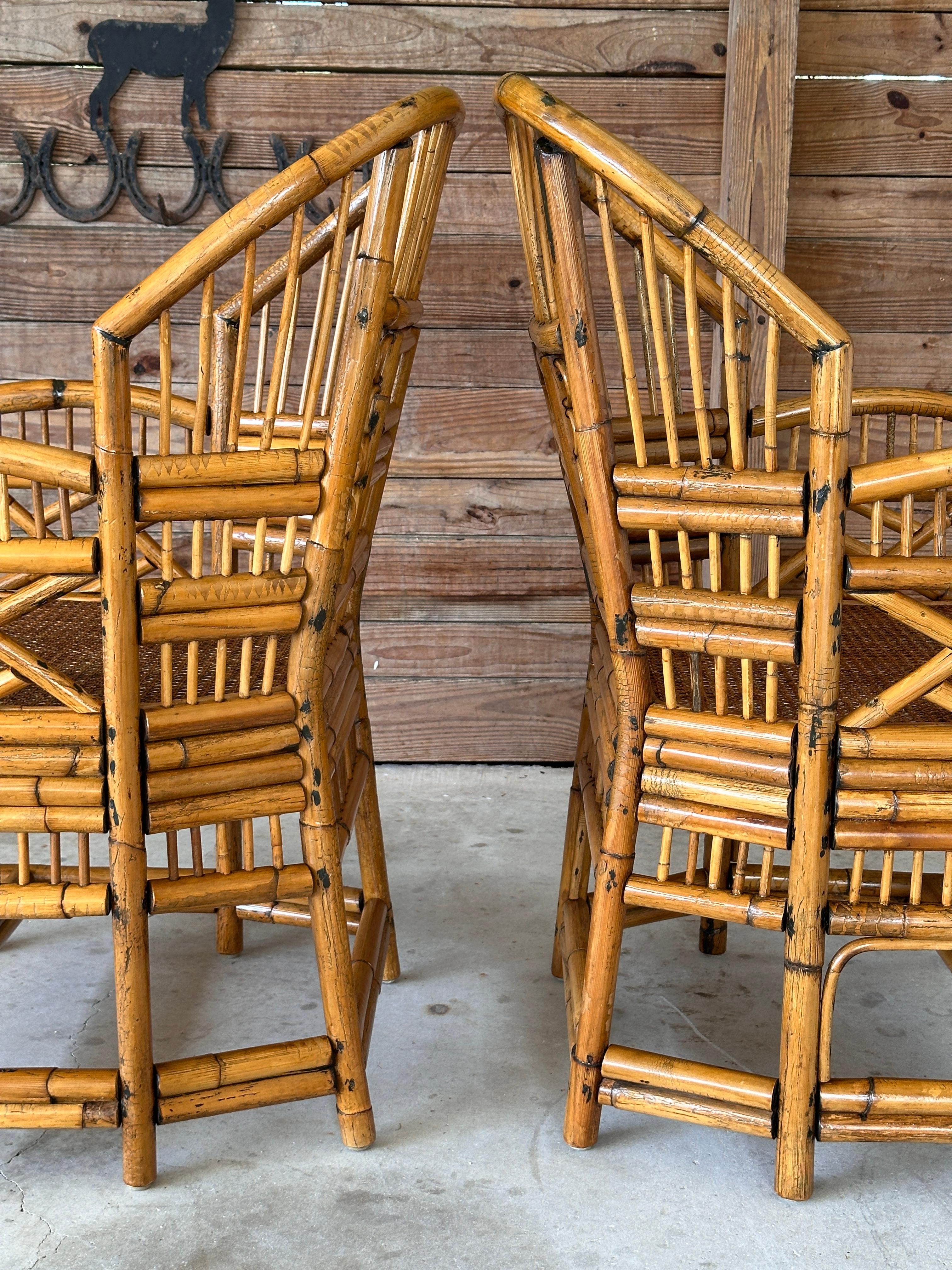 Mid 20th Century Refinished burnt Rattan Cane Side Armchairs Pair 8