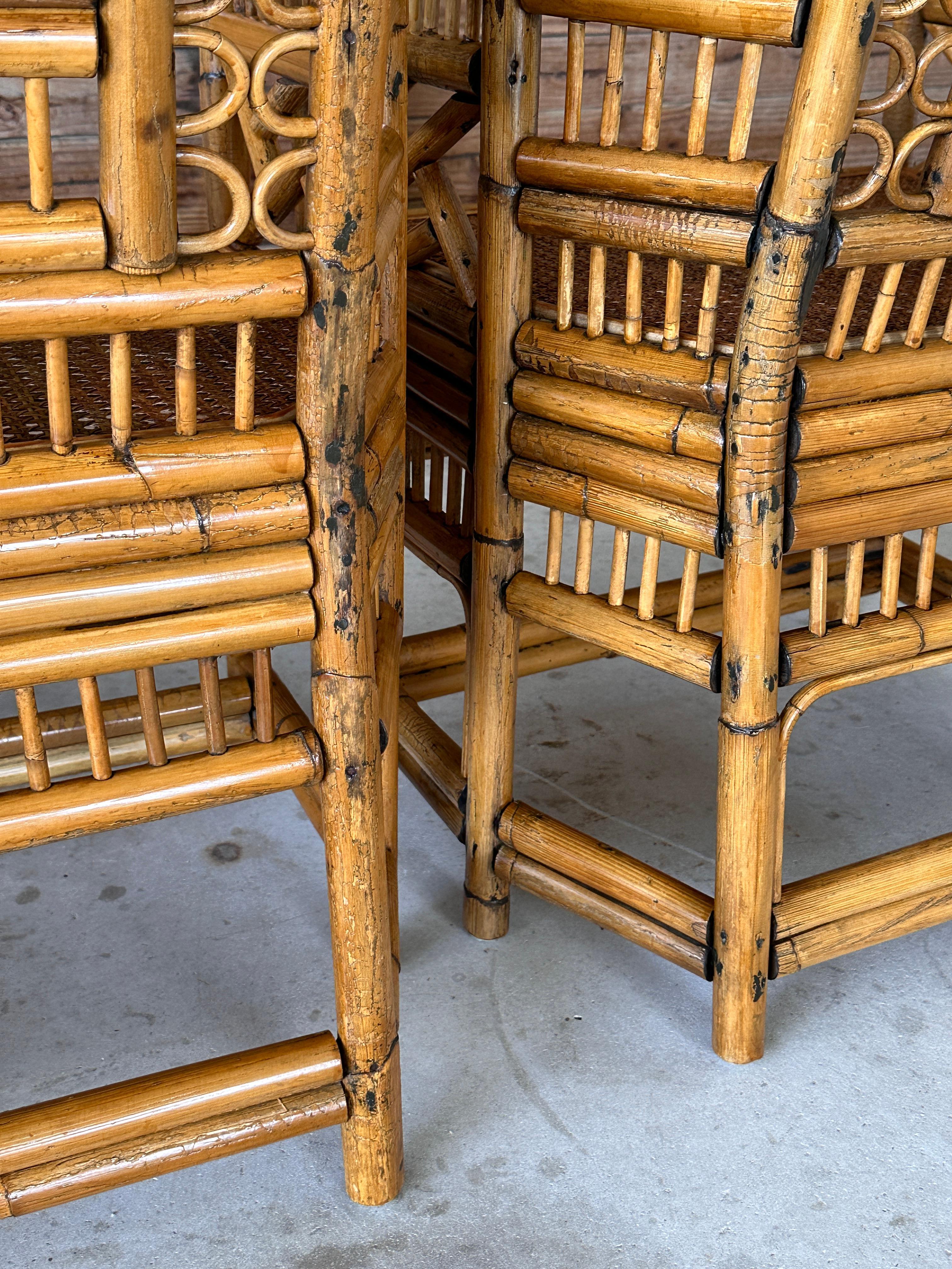 Mid 20th Century Refinished burnt Rattan Cane Side Armchairs Pair 10