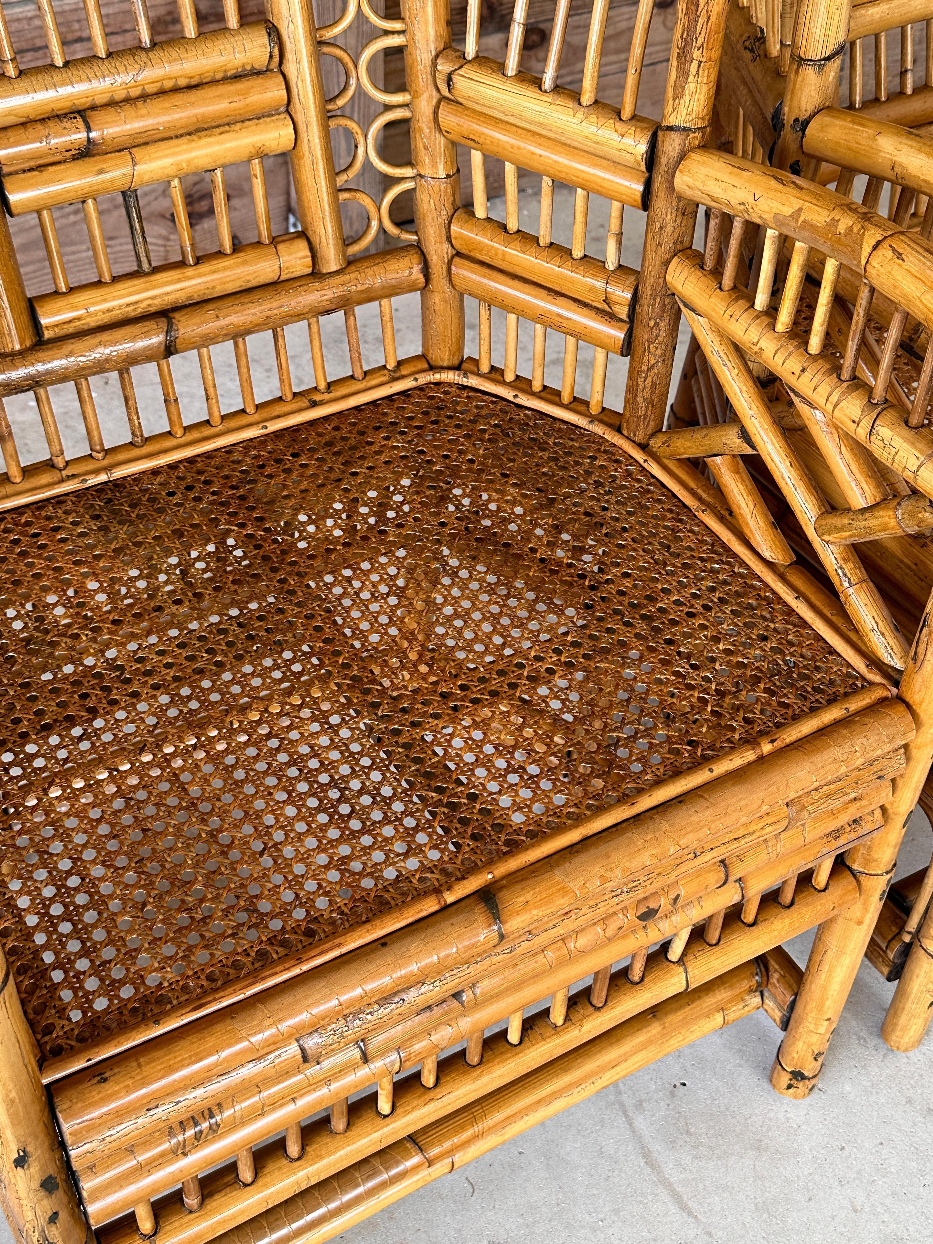 Hand-Crafted Mid 20th Century Refinished burnt Rattan Cane Side Armchairs Pair