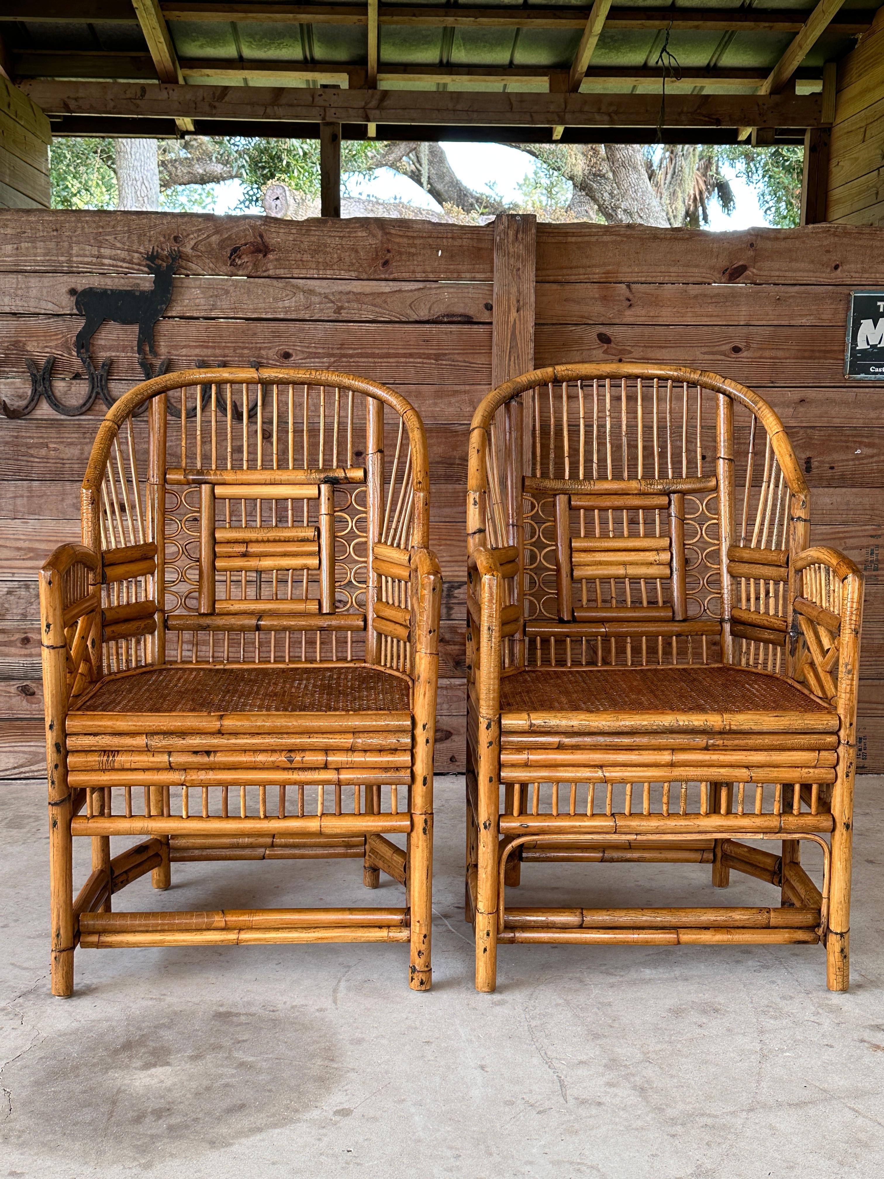 Mid 20th Century Refinished burnt Rattan Cane Side Armchairs Pair In Good Condition In North Fort Myers, FL