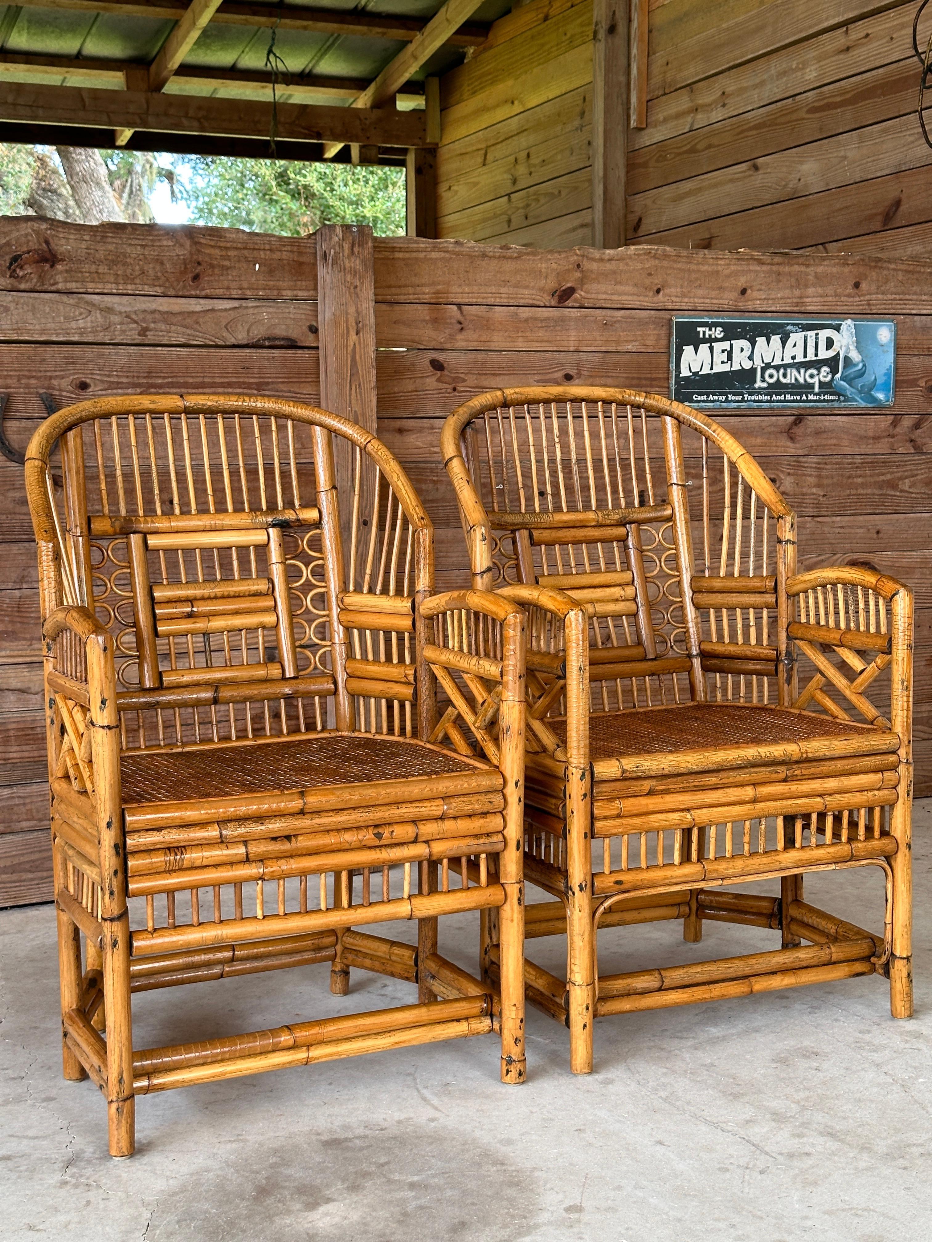 Mid 20th Century Refinished burnt Rattan Cane Side Armchairs Pair 1