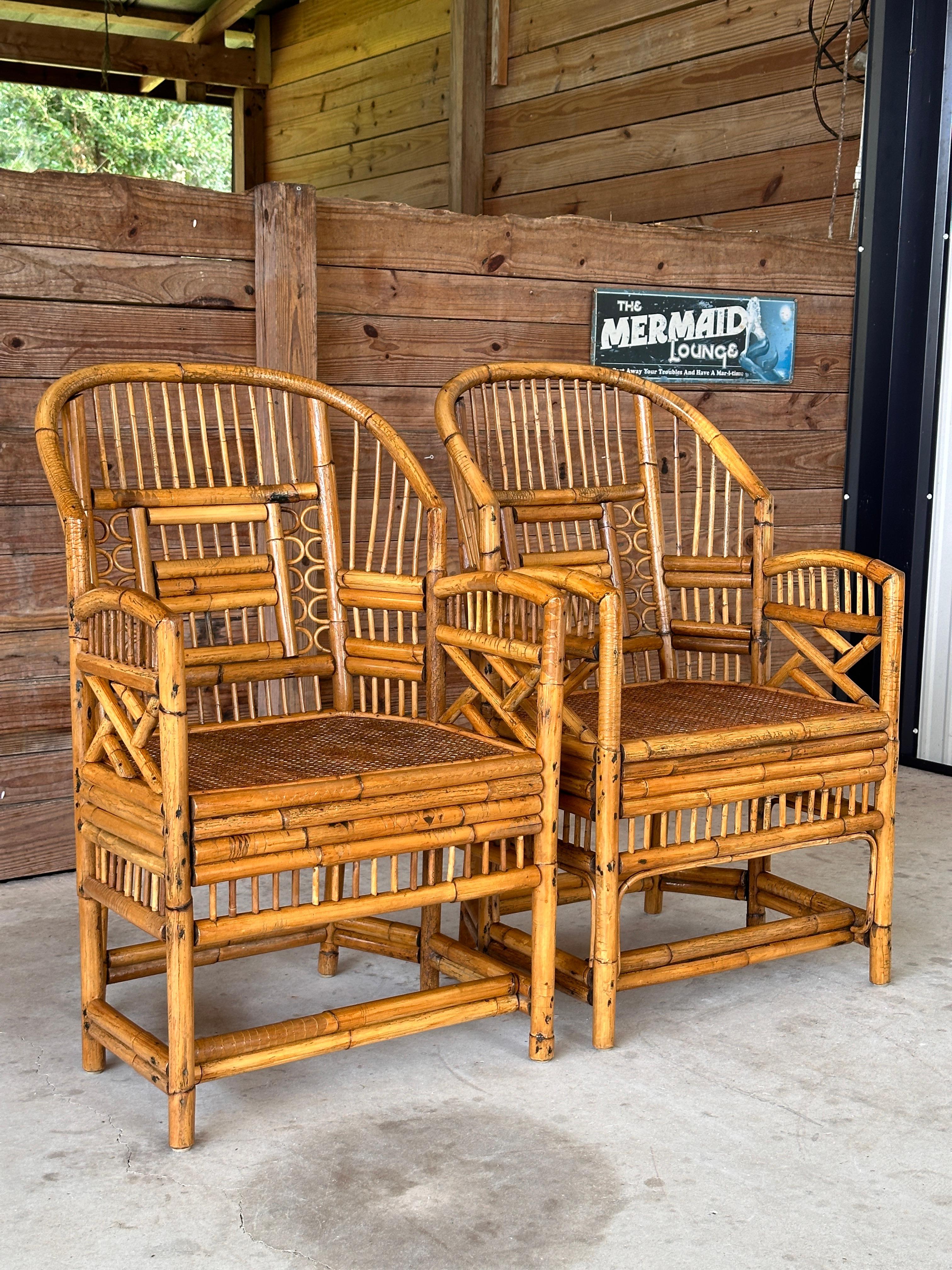 Mid 20th Century Refinished burnt Rattan Cane Side Armchairs Pair 2