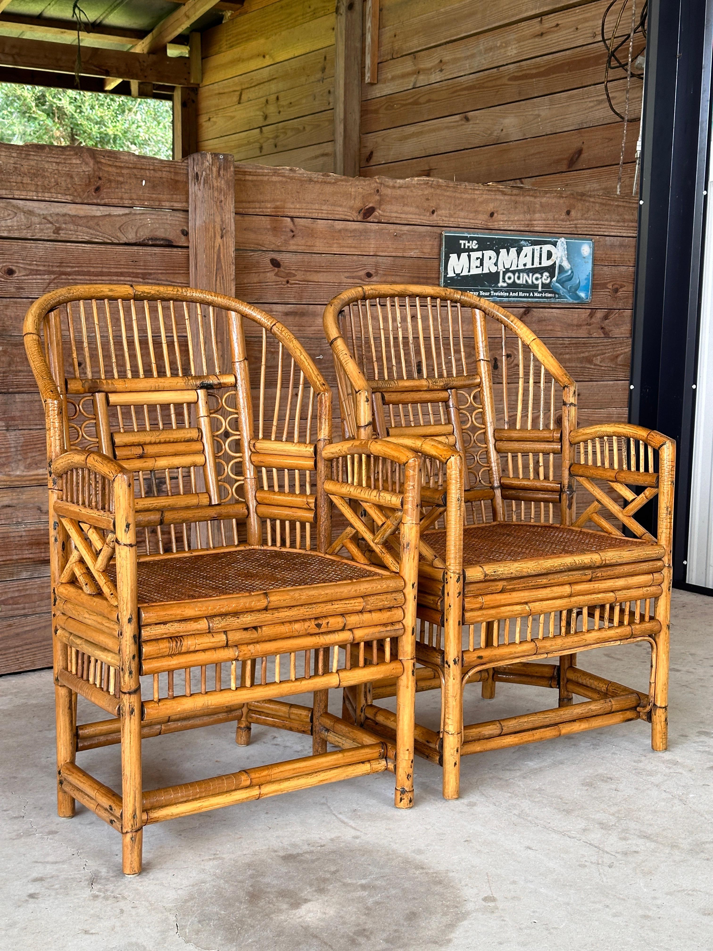 Mid 20th Century Refinished burnt Rattan Cane Side Armchairs Pair 3
