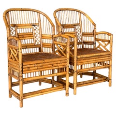 Mid 20th Century Refinished burnt Rattan Cane Side Armchairs Pair
