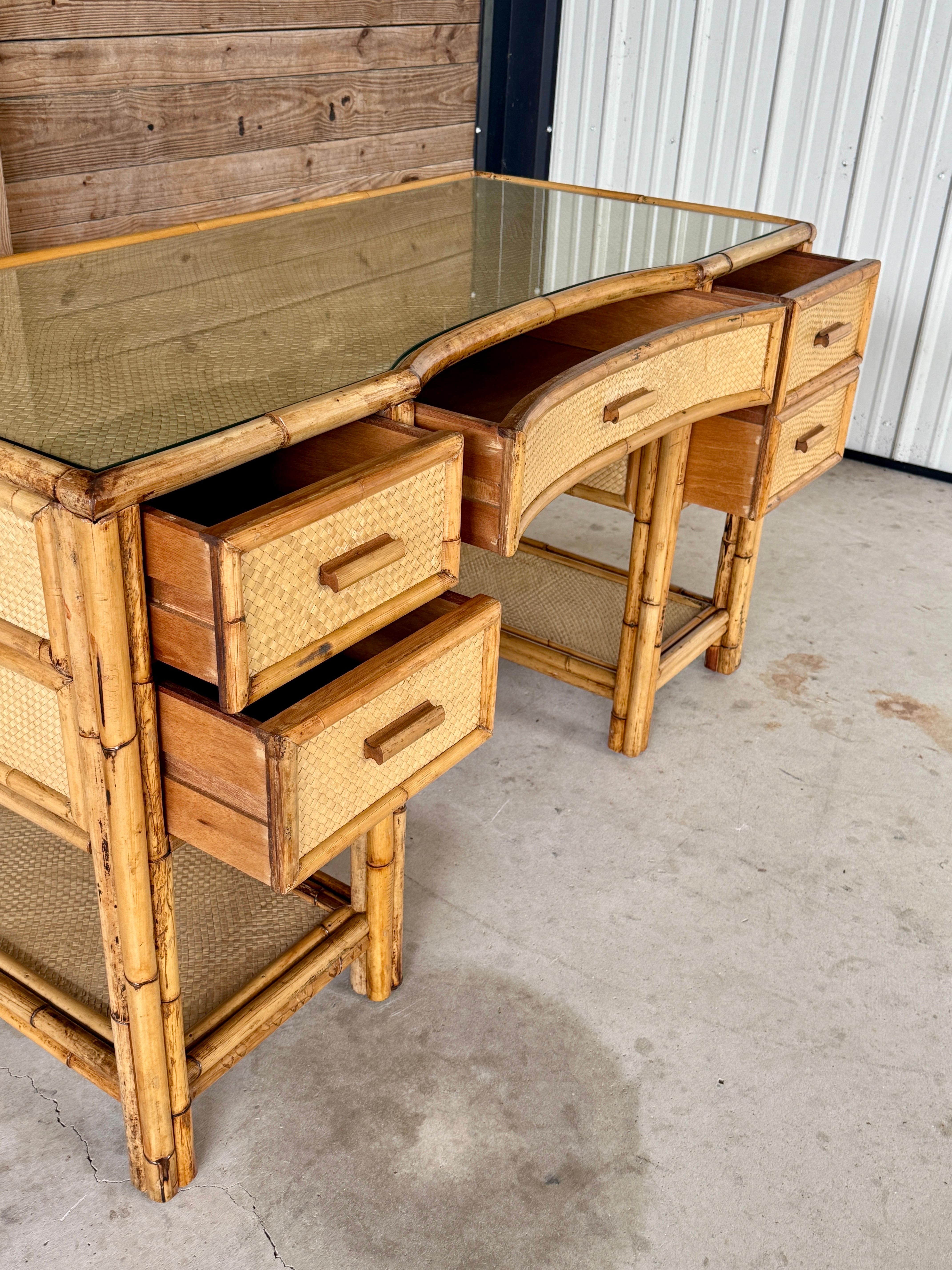 Mid-20th Century Refinished Coastal British Colonial Rattan Writing Desk For Sale 5