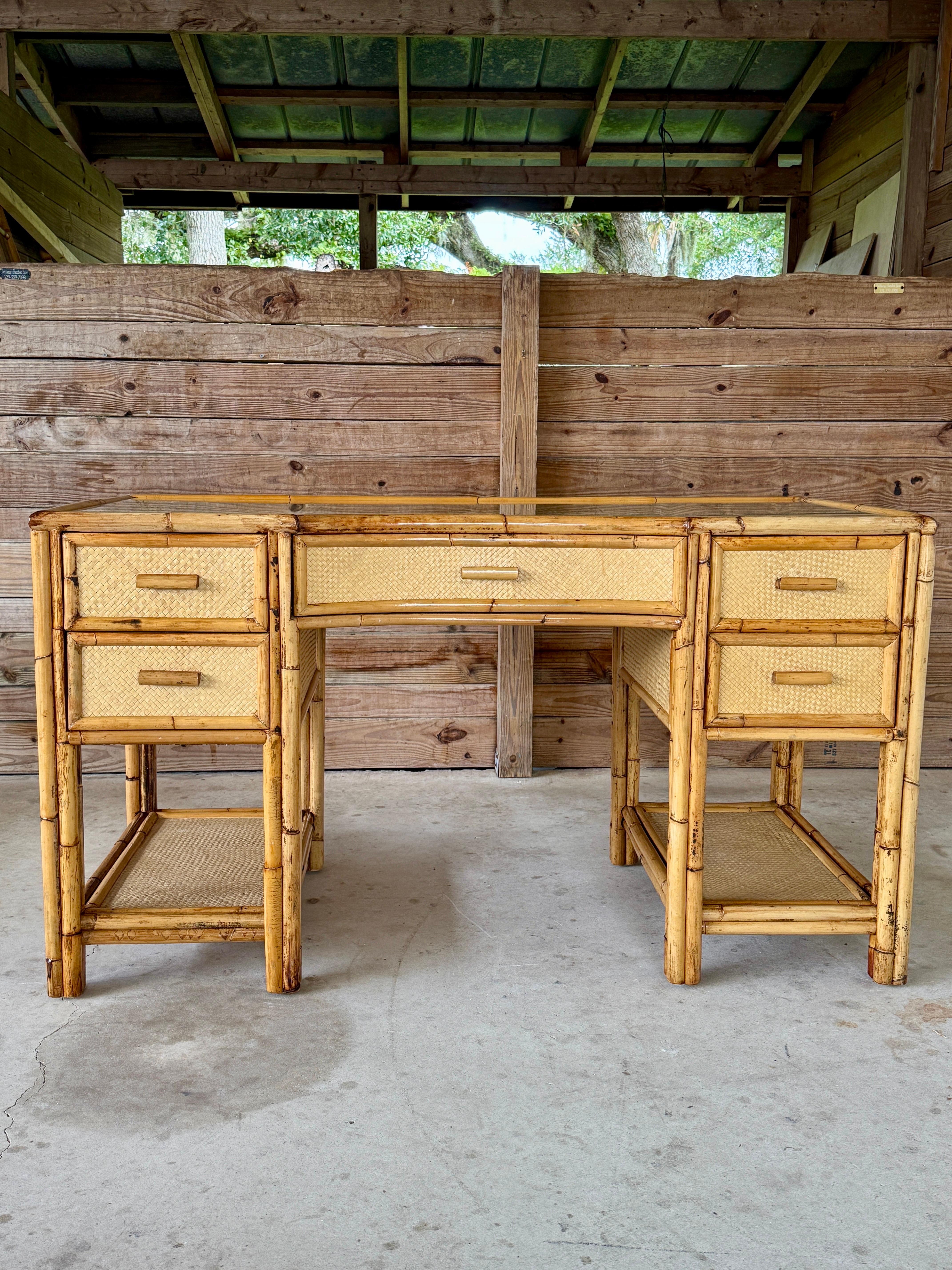 Mid-20th Century Refinished Coastal British Colonial Rattan Writing Desk For Sale 7